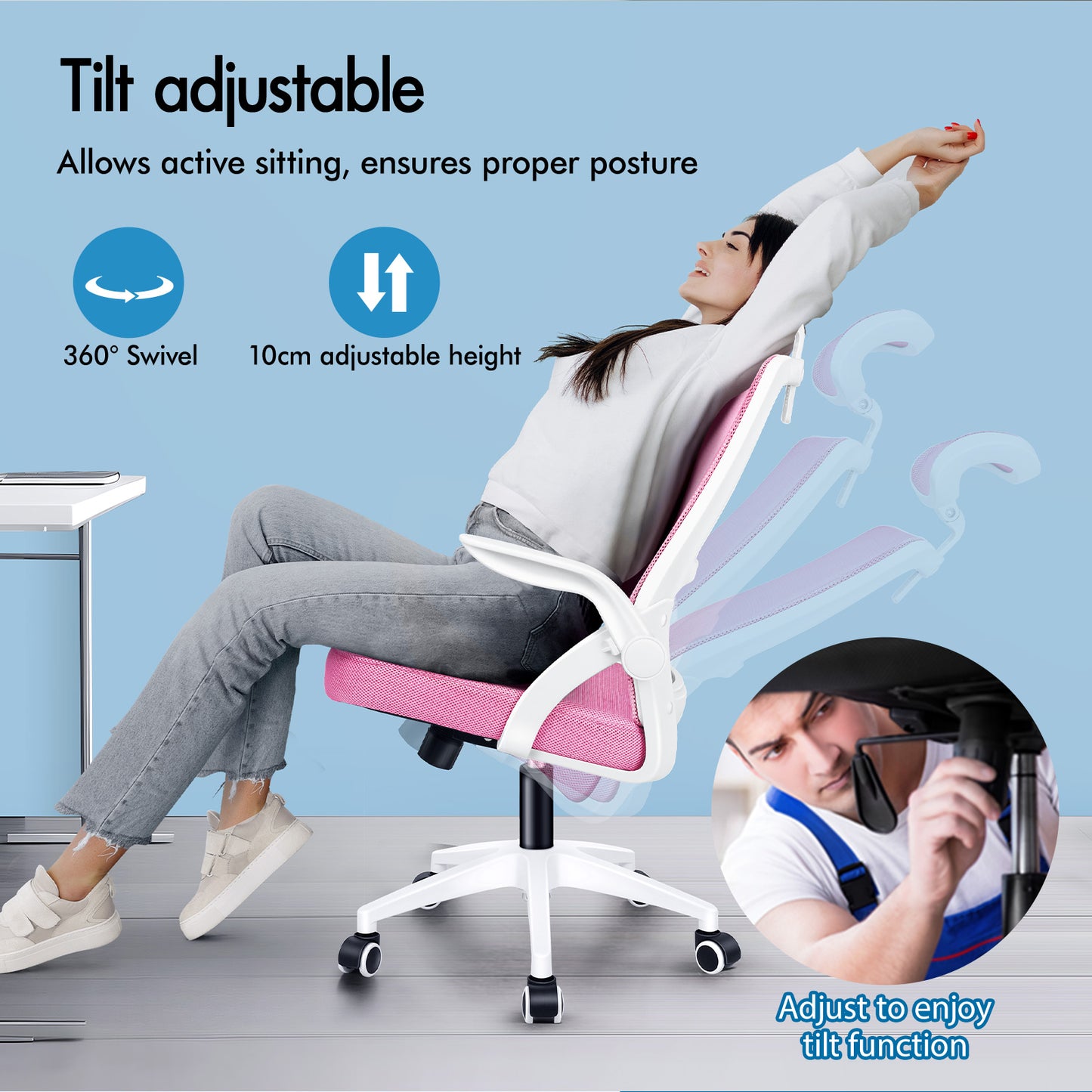 ELFORDSON Mesh Office Chair Executive Fabric Seat Tilt Computer Pink