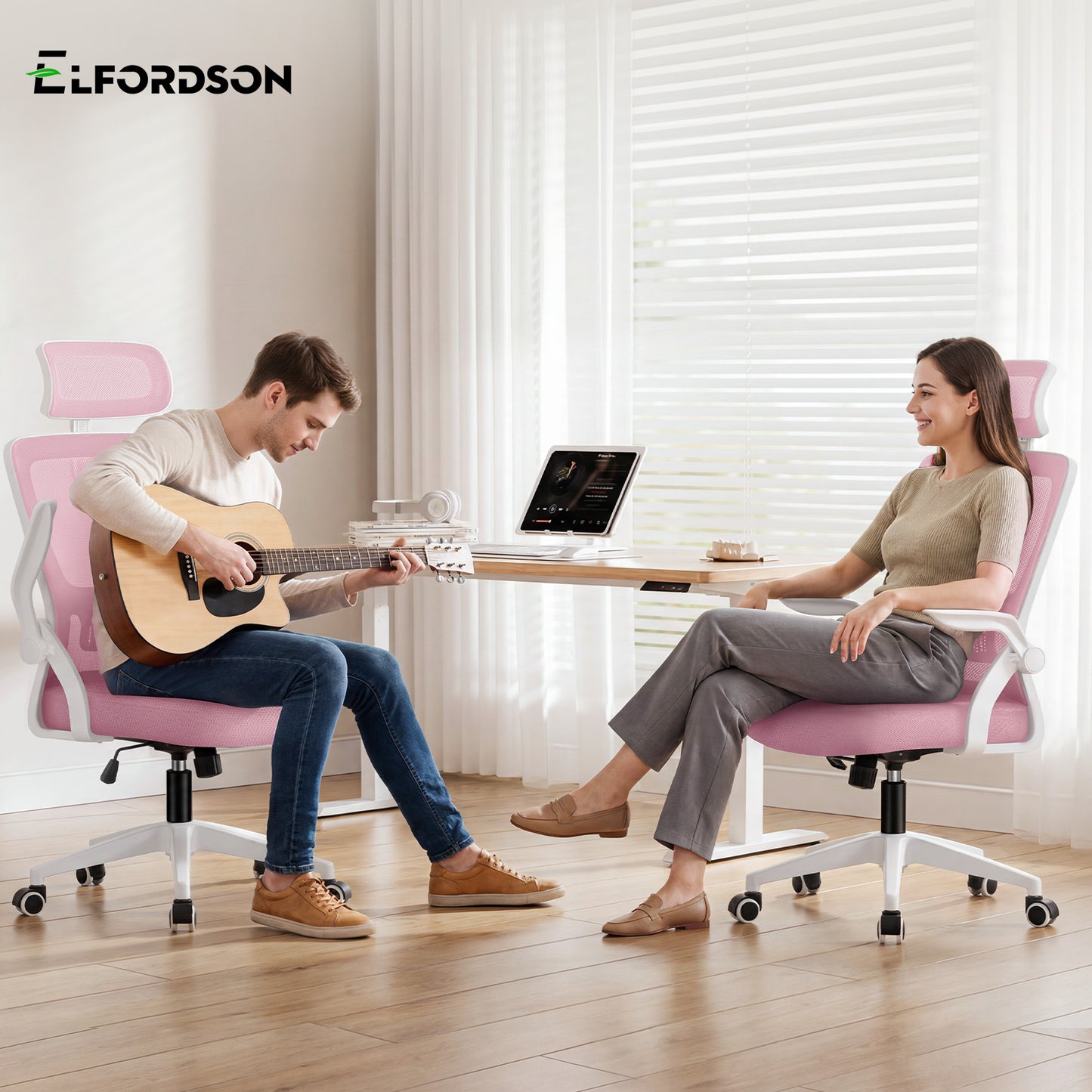 ELFORDSON Mesh Office Chair Executive Fabric Seat Tilt Computer Pink