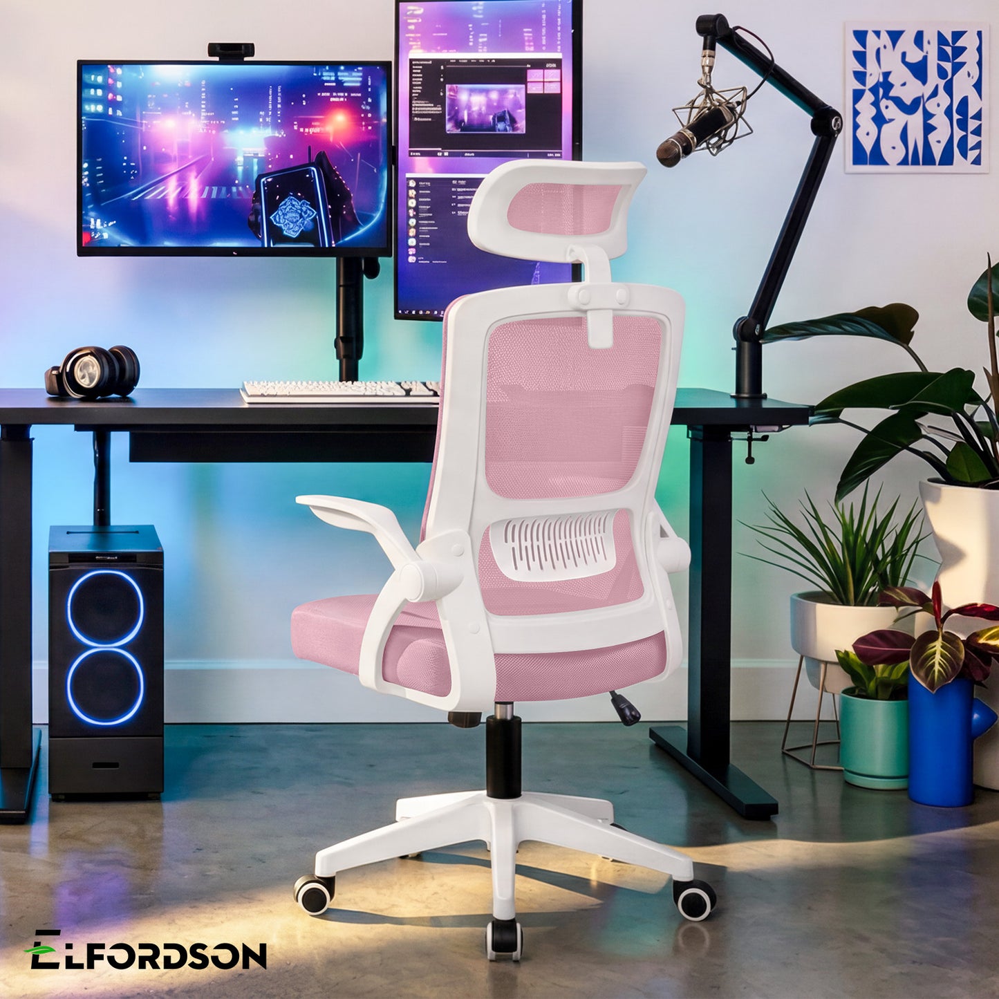 ELFORDSON Mesh Office Chair Executive Fabric Seat Tilt Computer Pink