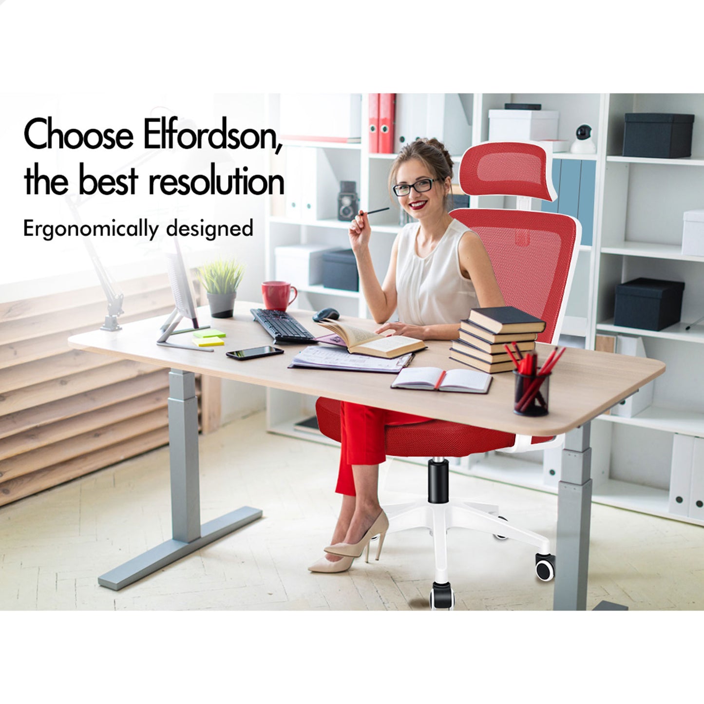 ELFORDSON Mesh Office Chair Executive Fabric Seat Tilt Computer Red