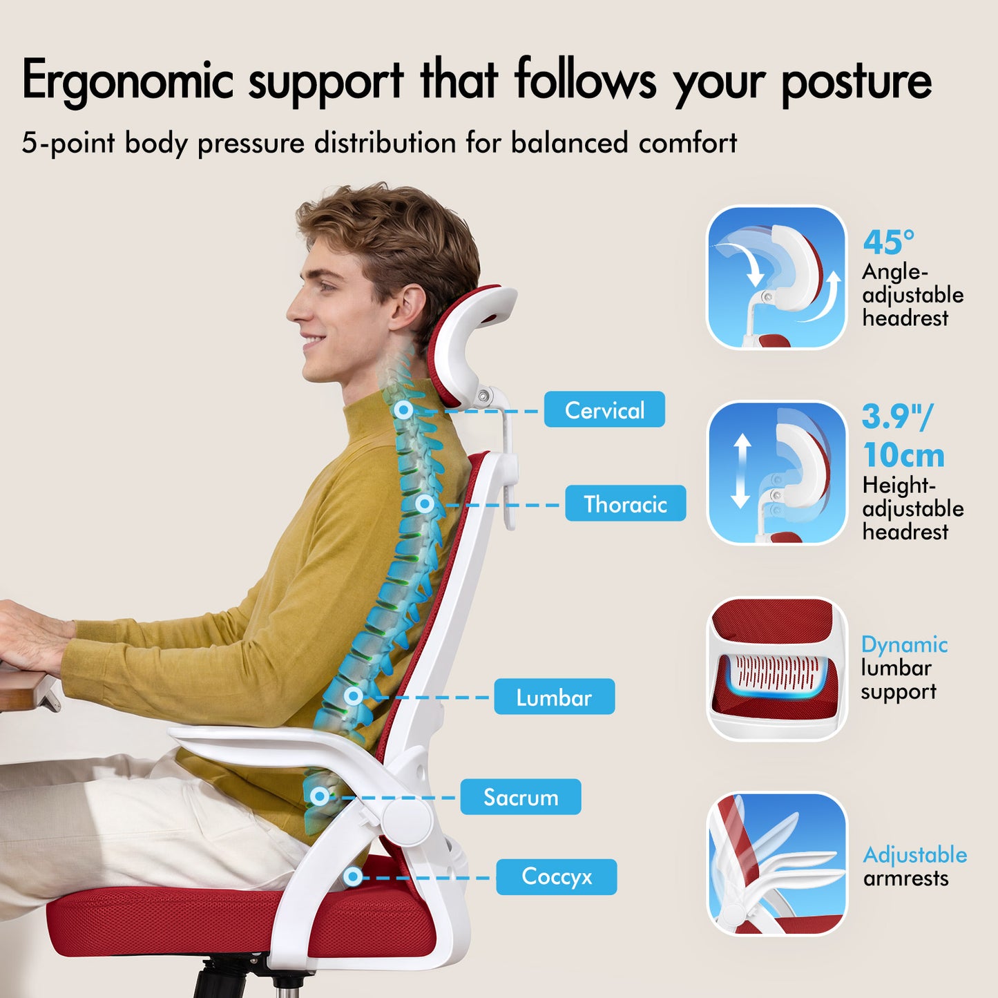 ELFORDSON Mesh Office Chair Executive Fabric Seat Tilt Computer Red