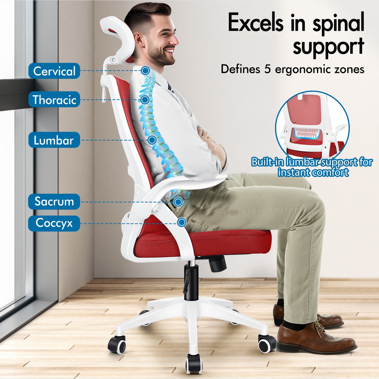 ELFORDSON Mesh Office Chair Executive Fabric Seat Tilt Computer Red