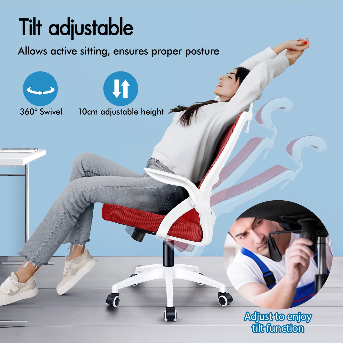 ELFORDSON Mesh Office Chair Executive Fabric Seat Tilt Computer Red