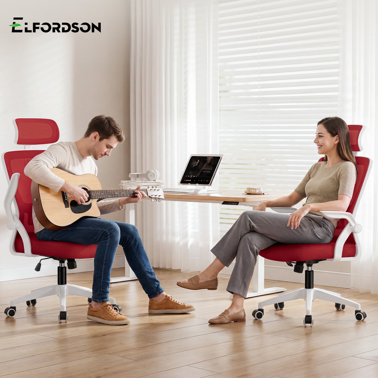 ELFORDSON Mesh Office Chair Executive Fabric Seat Tilt Computer Red