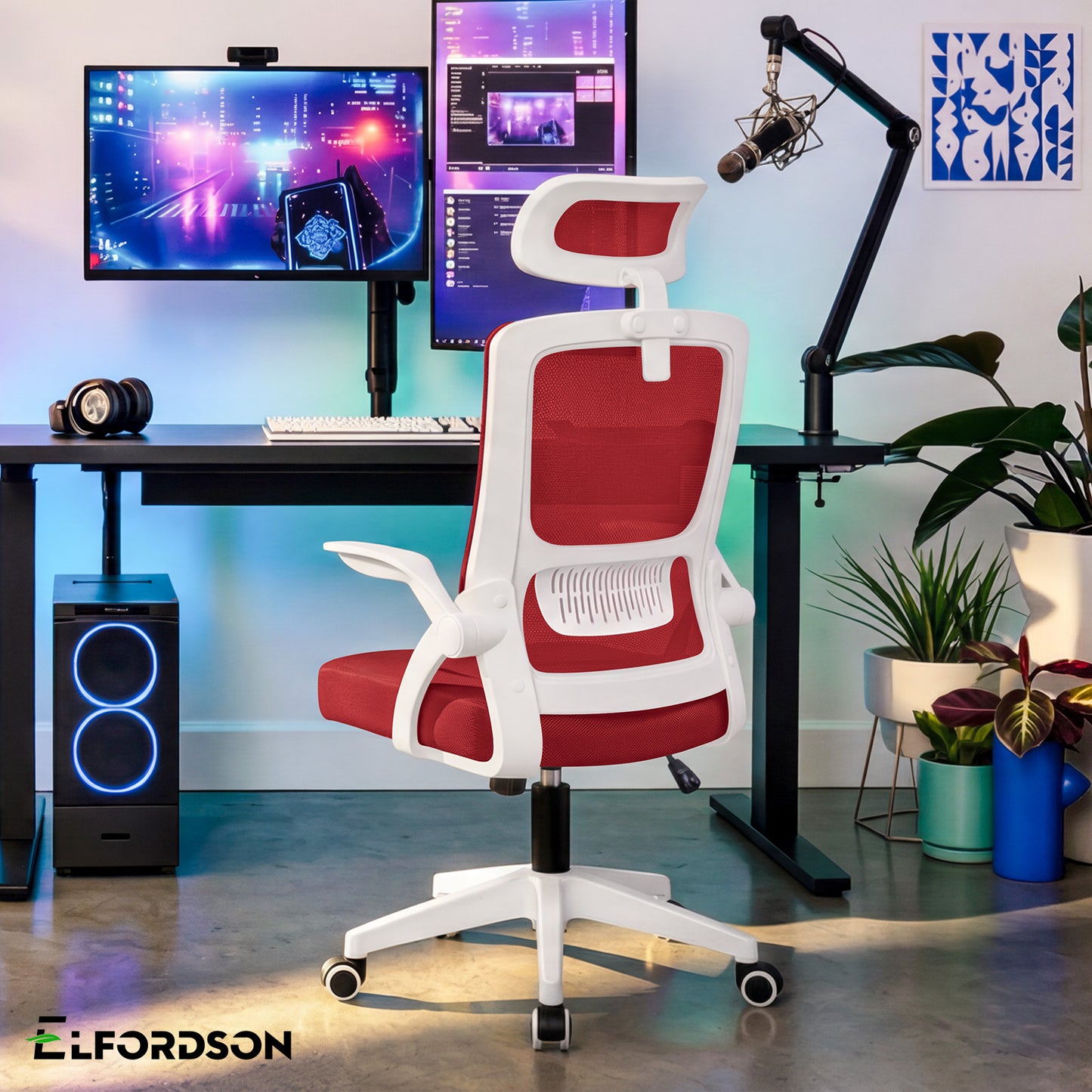 ELFORDSON Mesh Office Chair Executive Fabric Seat Tilt Computer Red