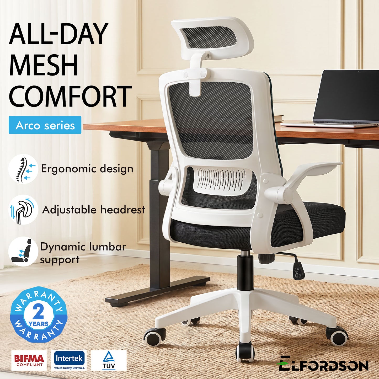 ELFORDSON Mesh Office Chair Executive Tilt Seat Racing Computer White and Black