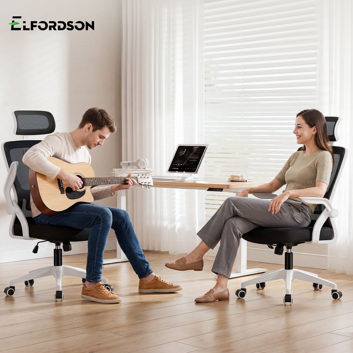 ELFORDSON Mesh Office Chair Executive Tilt Seat Racing Computer White and Black