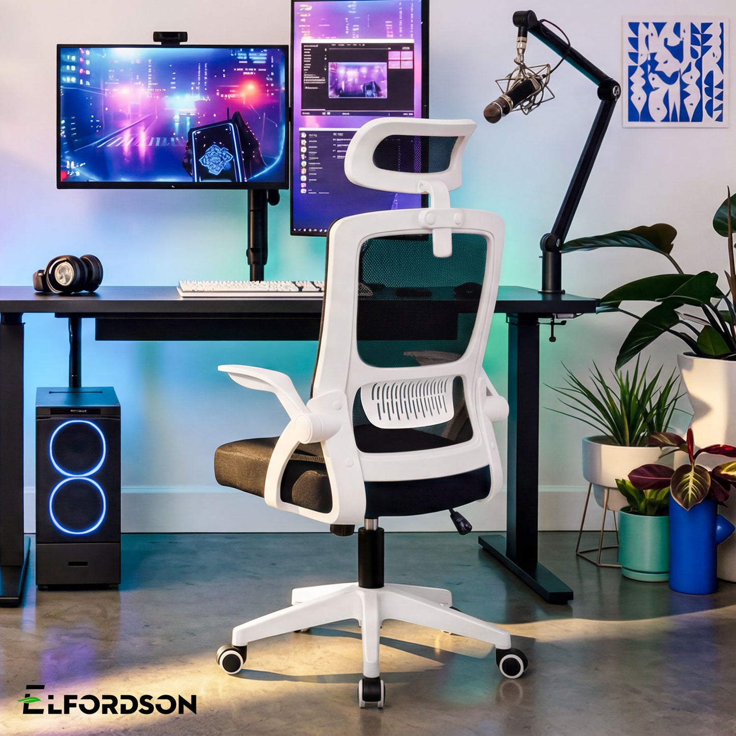 ELFORDSON Mesh Office Chair Executive Tilt Seat Racing Computer White and Black