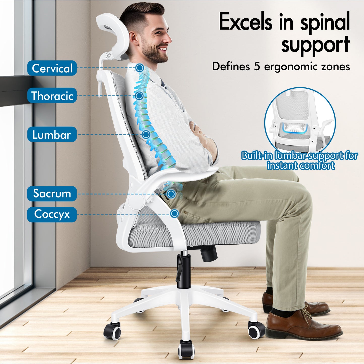 ELFORDSON Mesh Office Chair Seat Tilt Fabric Gaming Racing Computer Light Grey