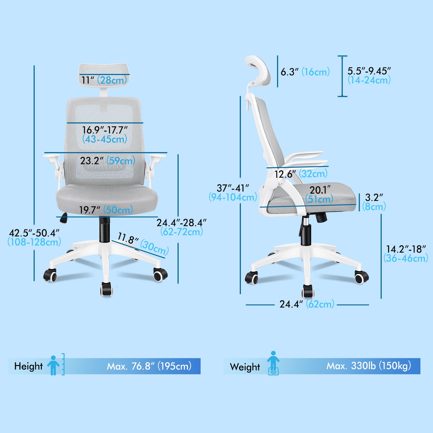 ELFORDSON Mesh Office Chair Seat Tilt Fabric Gaming Racing Computer Light Grey