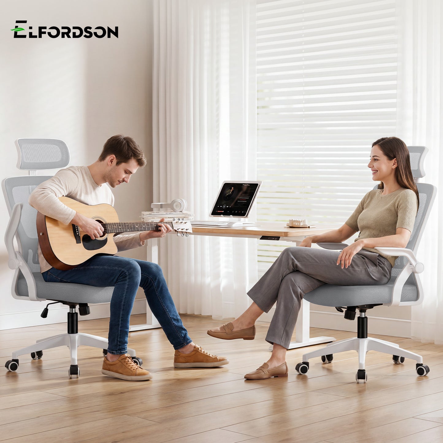 ELFORDSON Mesh Office Chair Seat Tilt Fabric Gaming Racing Computer Light Grey