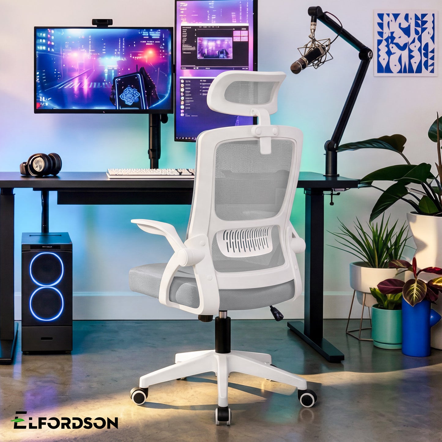 ELFORDSON Mesh Office Chair Seat Tilt Fabric Gaming Racing Computer Light Grey
