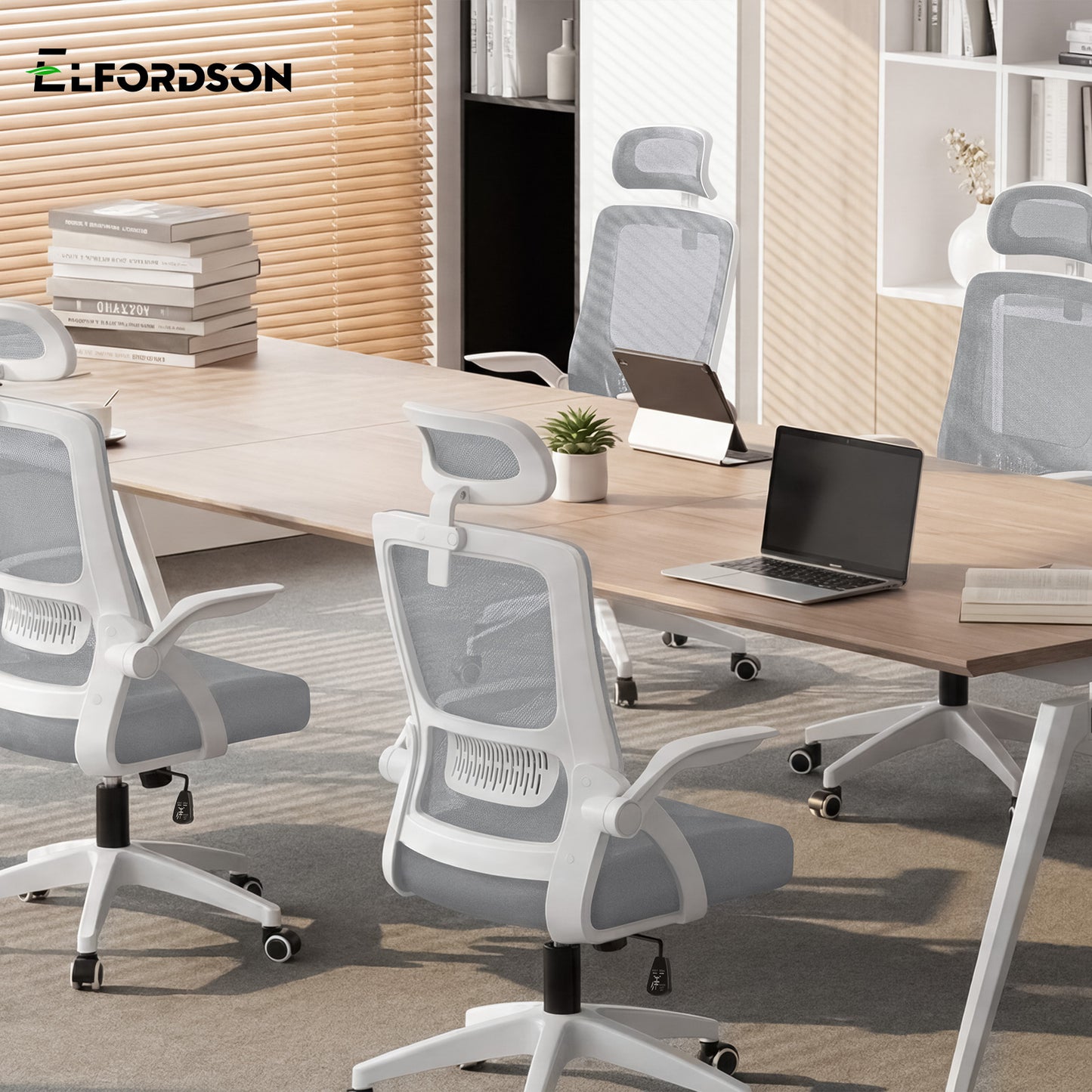 ELFORDSON Mesh Office Chair Seat Tilt Fabric Gaming Racing Computer Light Grey