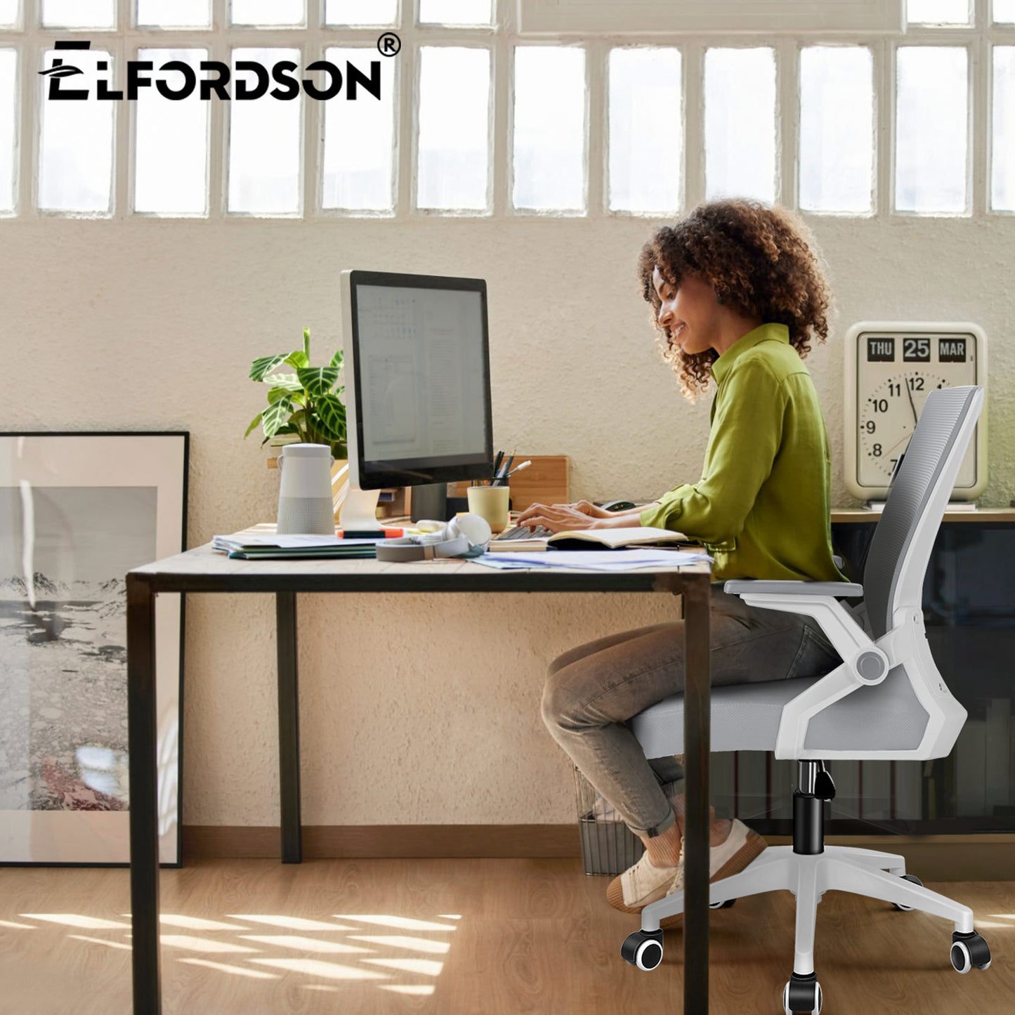 ELFORDSON Mesh Office Chair Gaming Racing Work Grey and White