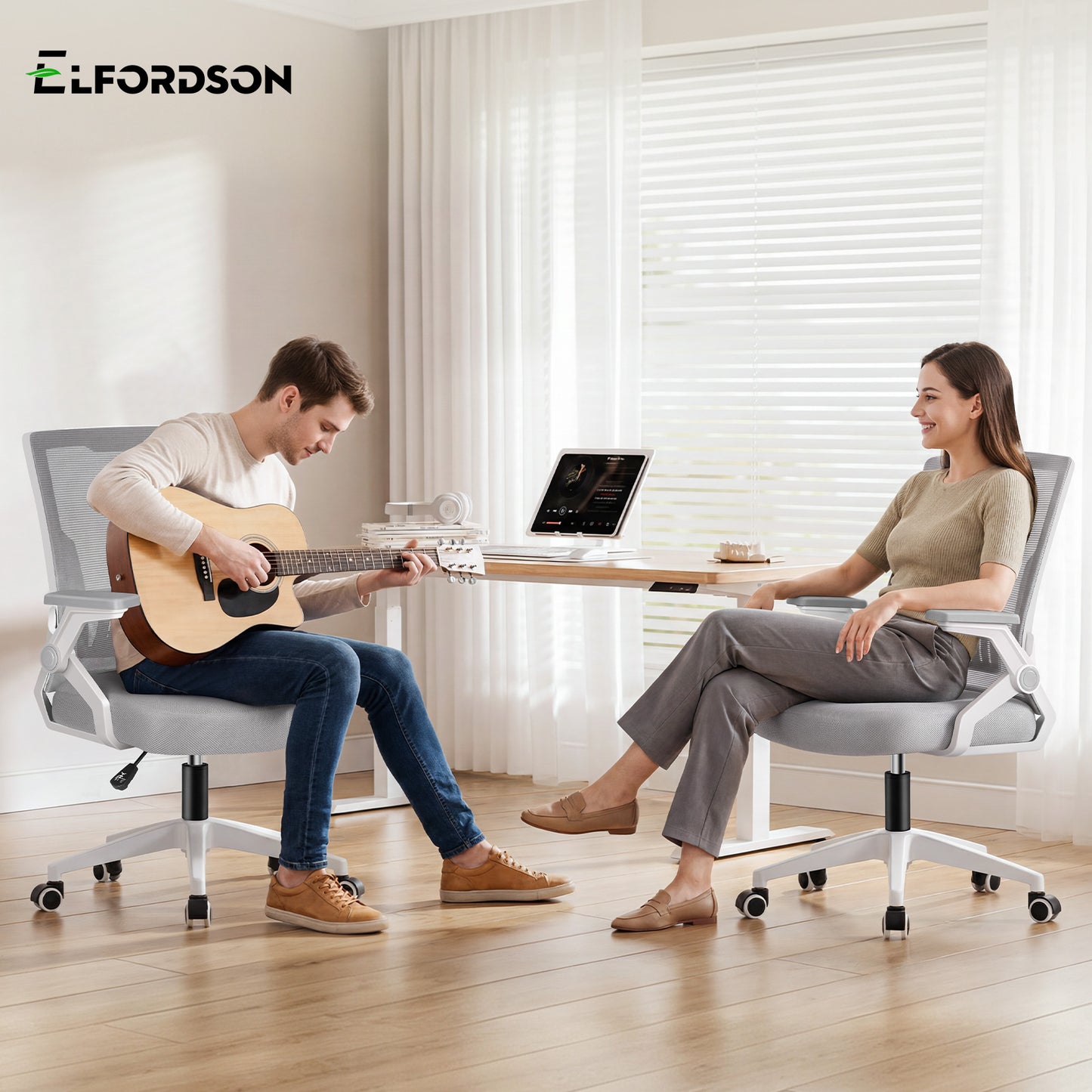 ELFORDSON Mesh Office Chair Gaming Racing Work Grey and White