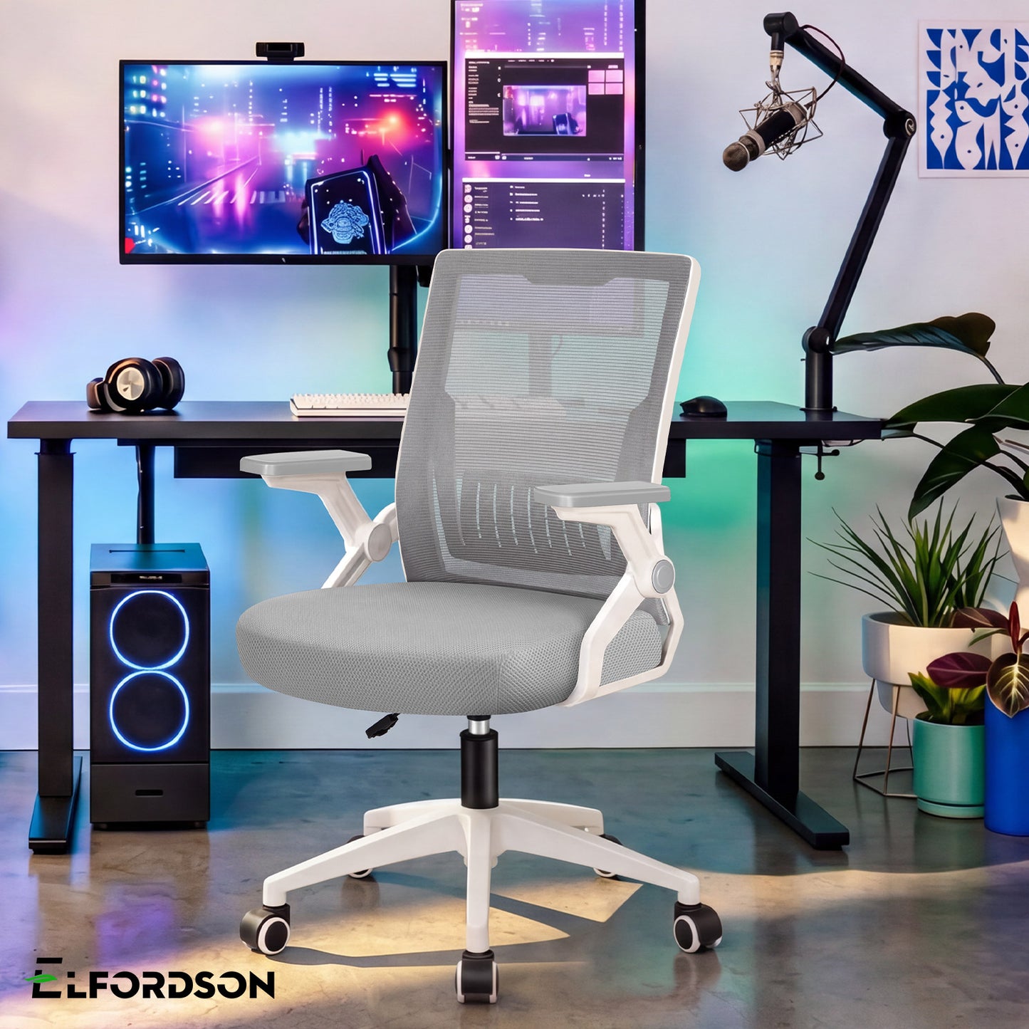 ELFORDSON Mesh Office Chair Gaming Racing Work Grey and White