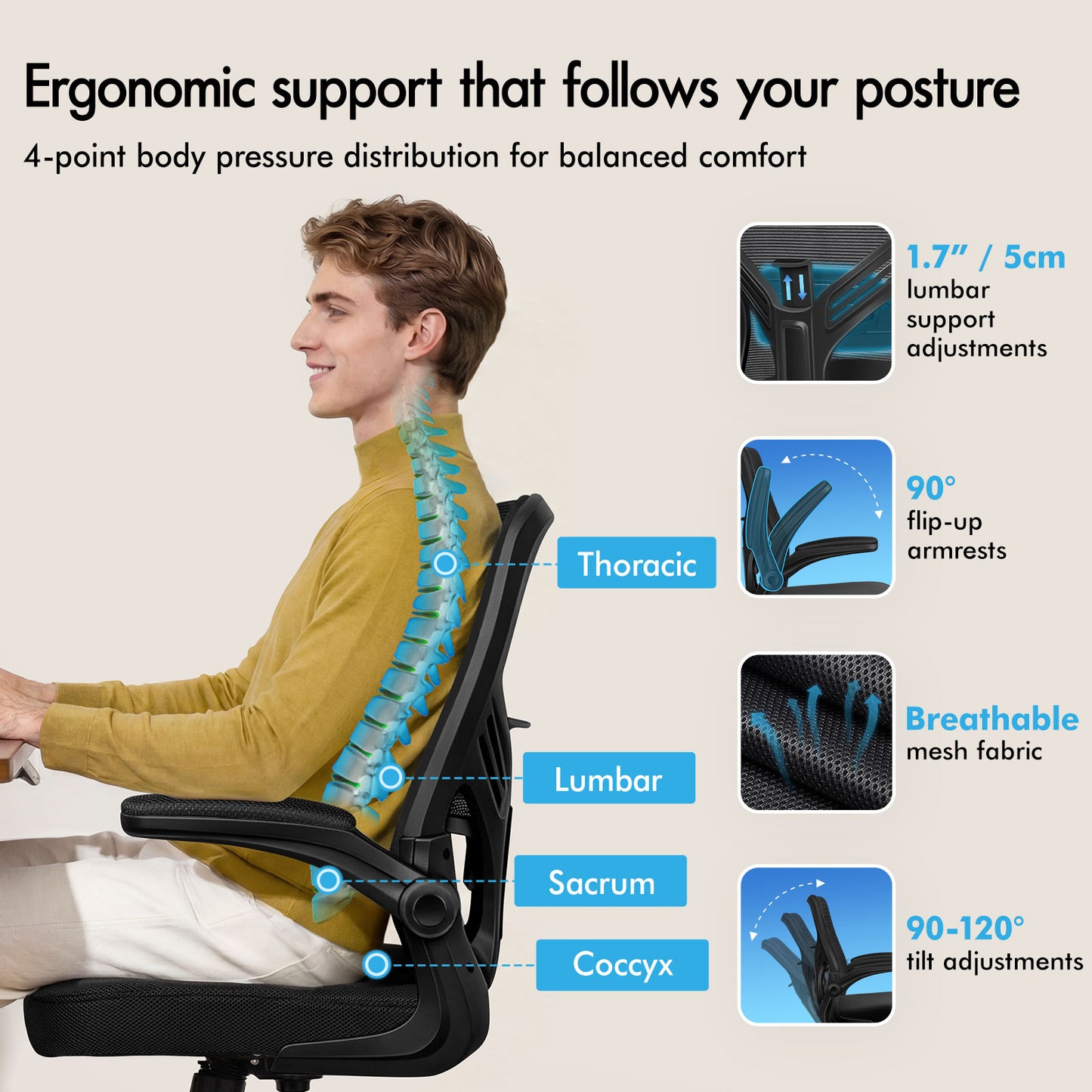 ELFORDSON Mesh Office Chair Executive Tilt Fabric Computer Work All Black