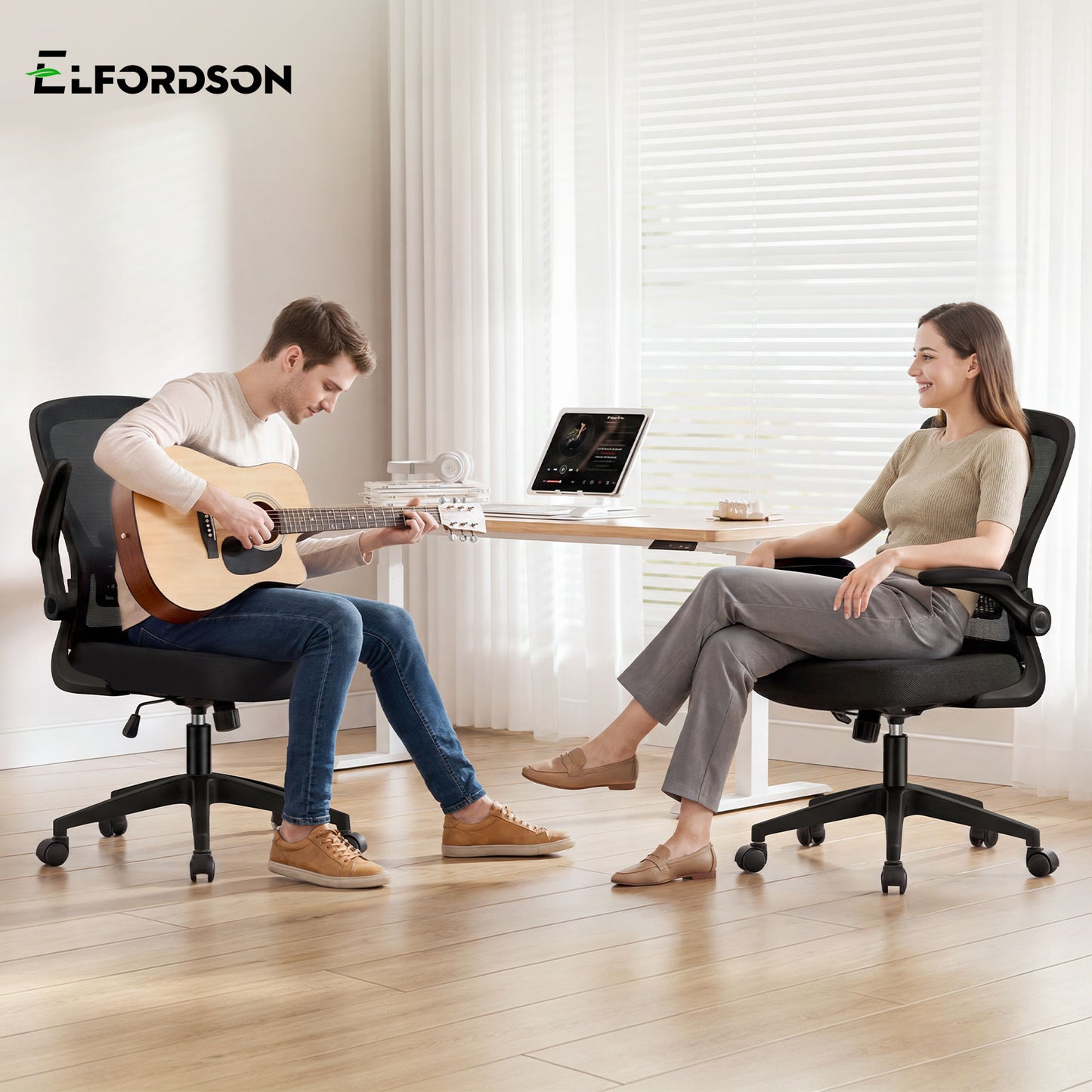 ELFORDSON Mesh Office Chair Executive Tilt Fabric Computer Work All Black