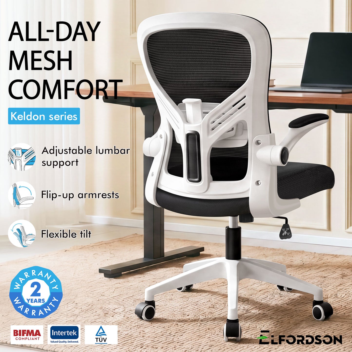 ELFORDSON Mesh Office Chair Executive Tilt Fabric Computer Work Black and White