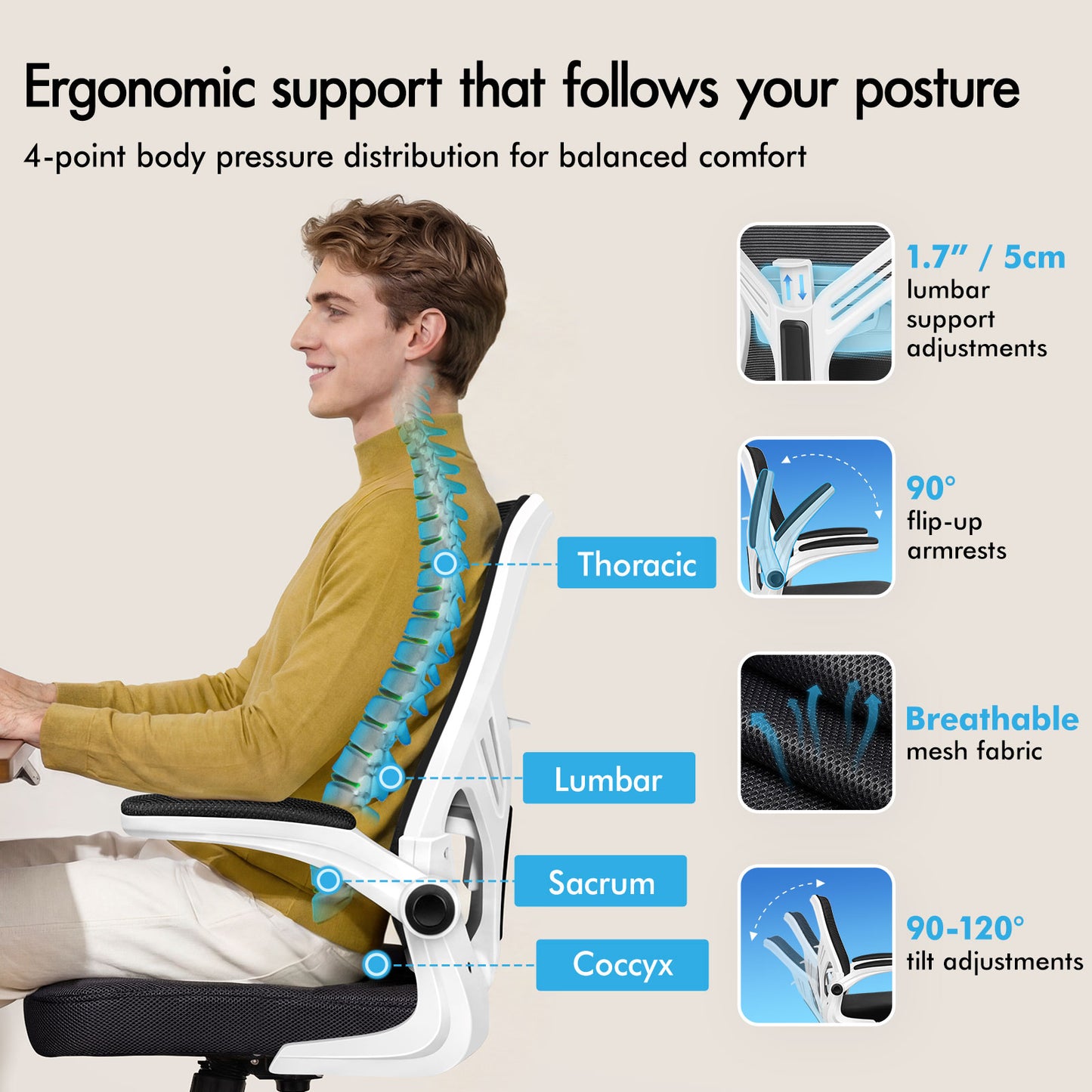 ELFORDSON Mesh Office Chair Executive Tilt Fabric Computer Work Black and White