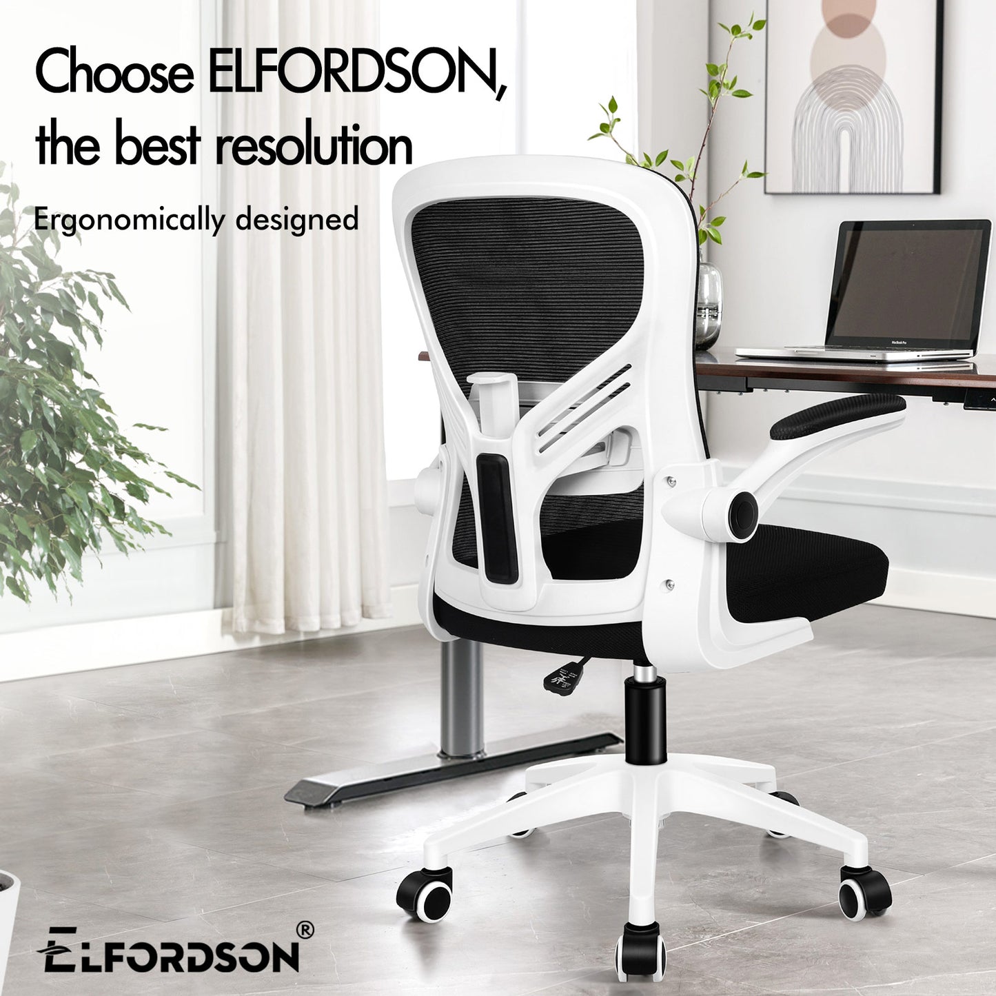 ELFORDSON Mesh Office Chair Executive Tilt Fabric Computer Work Black and White