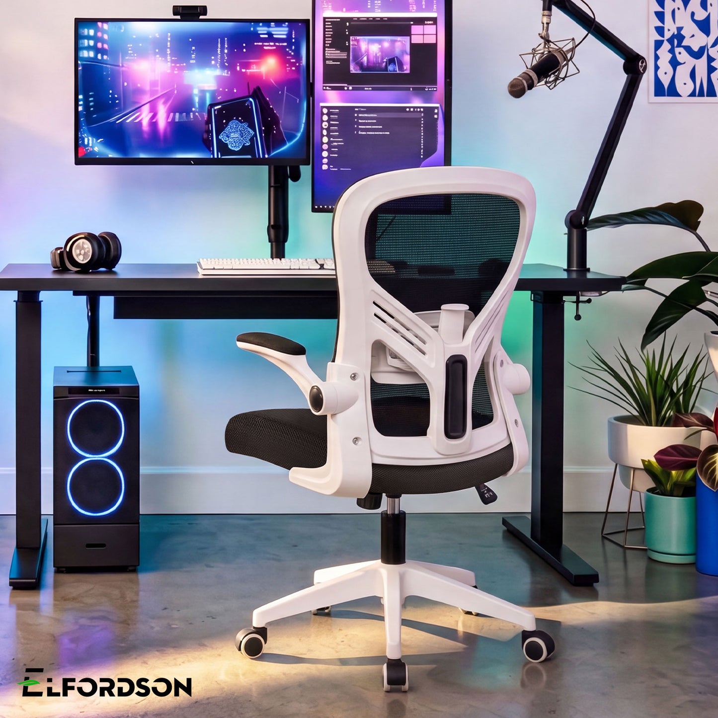 ELFORDSON Mesh Office Chair Executive Tilt Fabric Computer Work Black and White