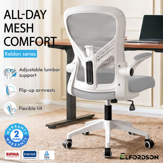 ELFORDSON Mesh Office Chair Executive Tilt Fabric Computer Work Grey and White
