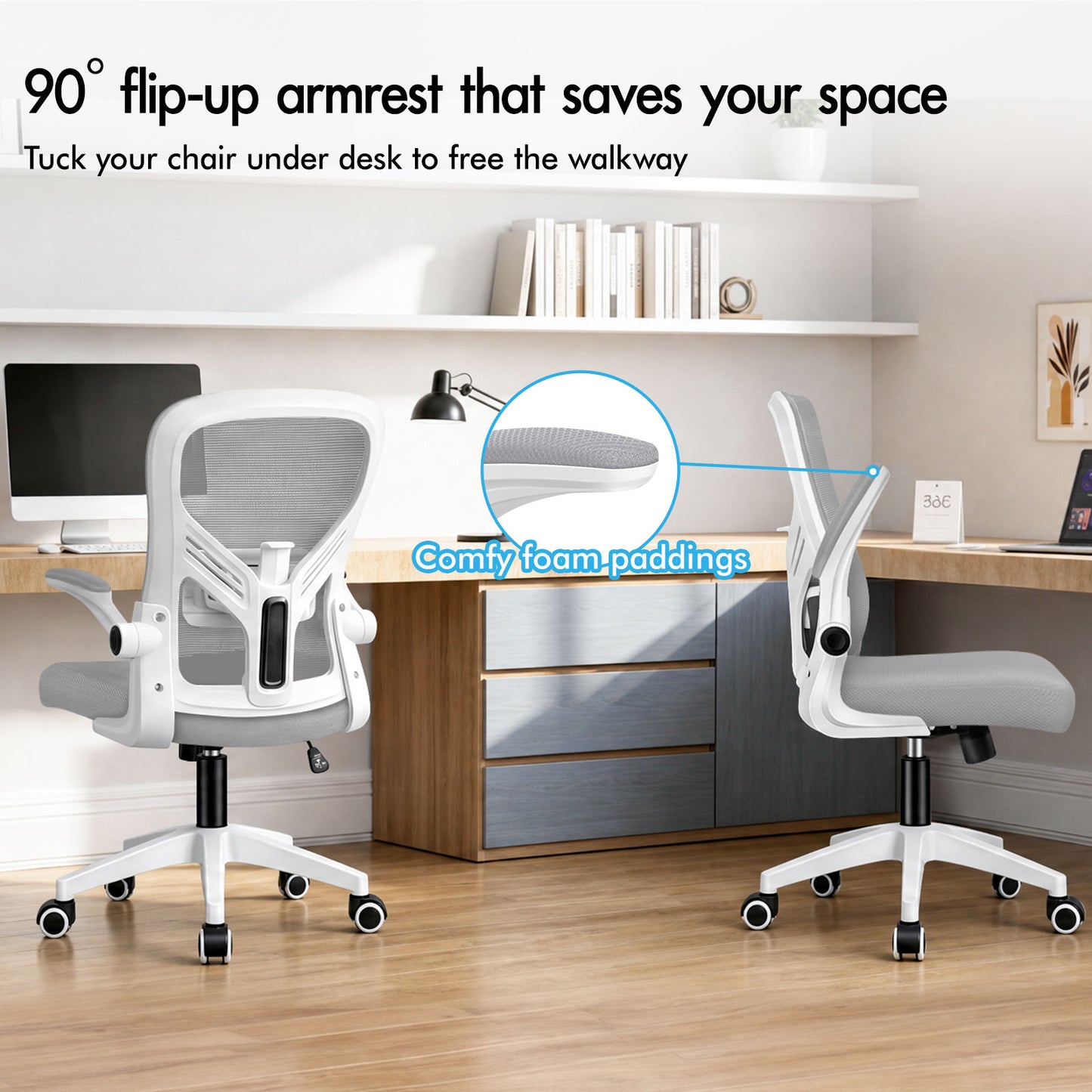 ELFORDSON Mesh Office Chair Executive Tilt Fabric Computer Work Grey and White