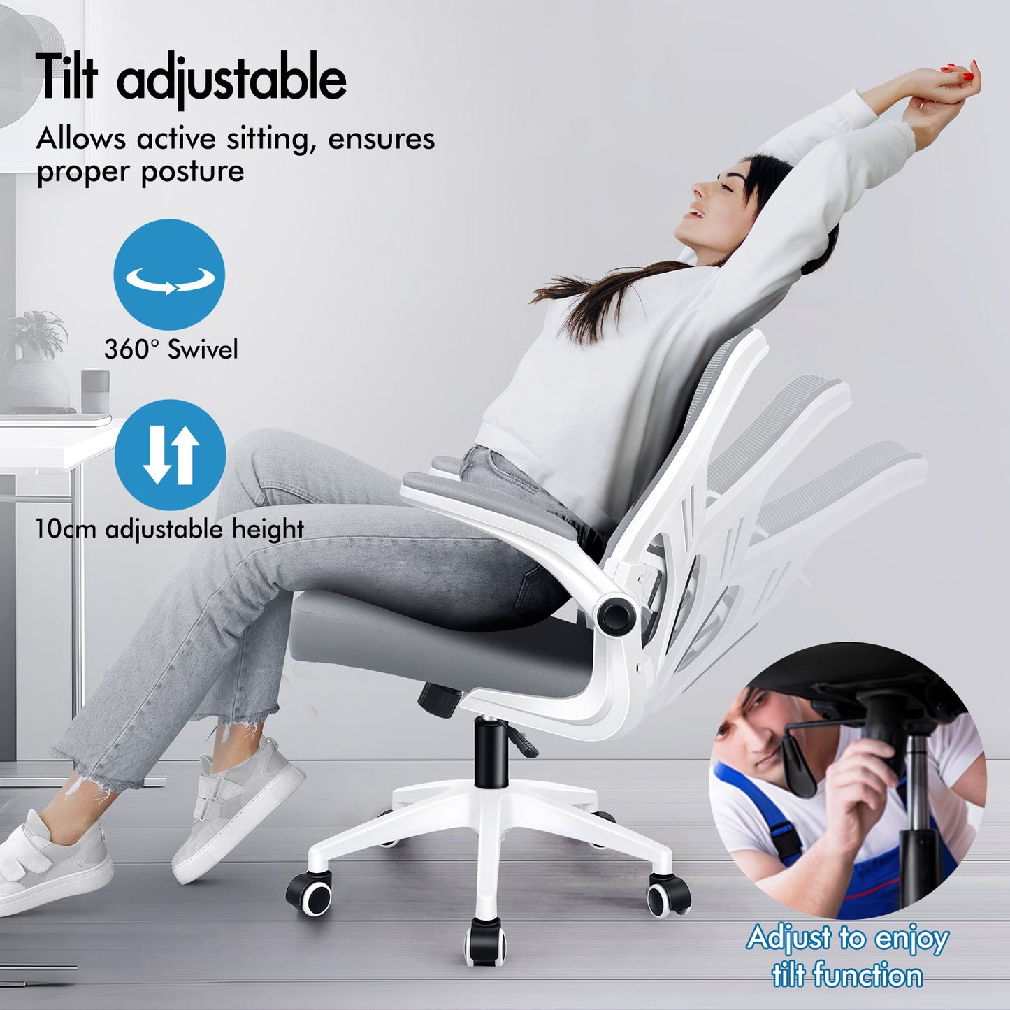 ELFORDSON Mesh Office Chair Executive Tilt Fabric Computer Work Grey and White