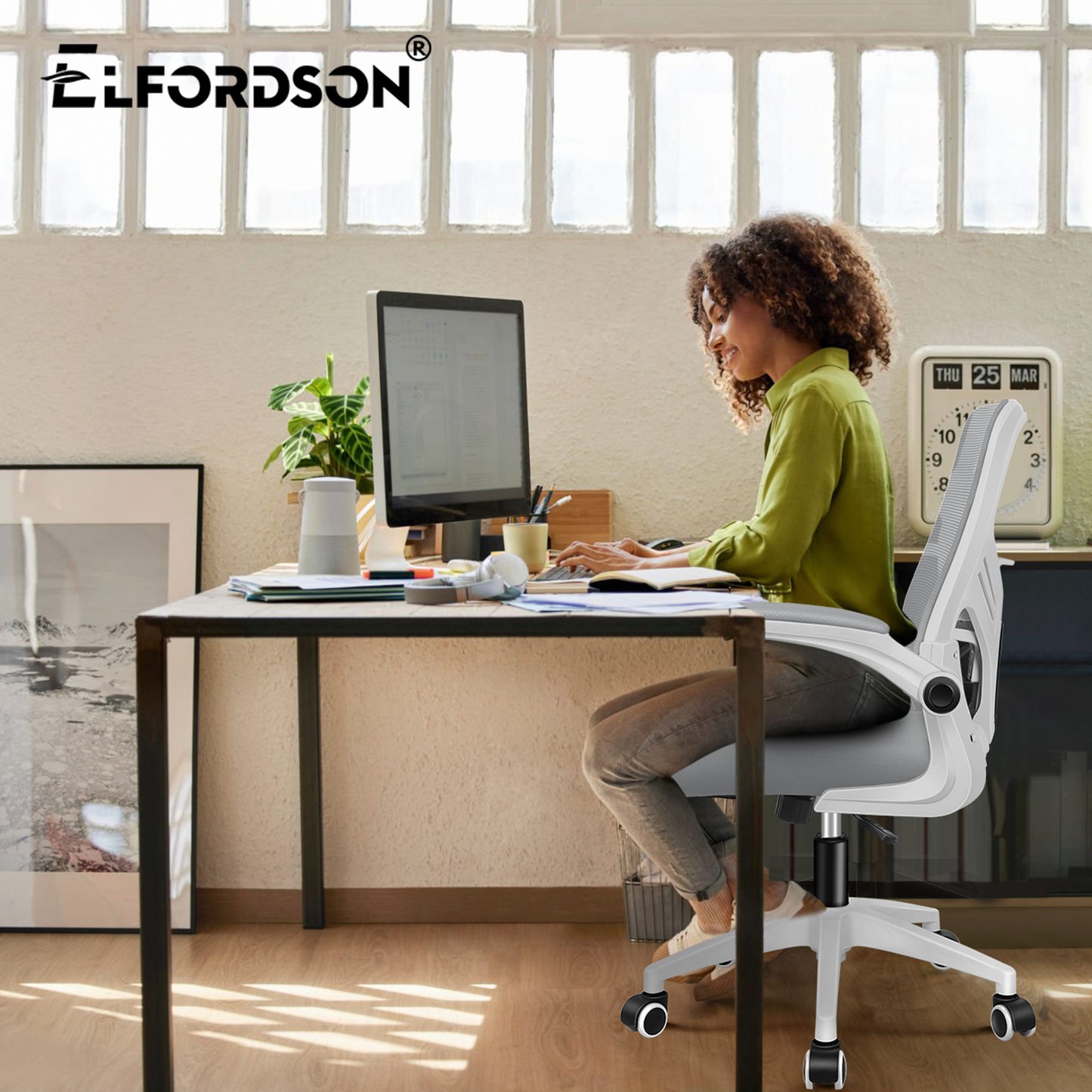 ELFORDSON Mesh Office Chair Executive Tilt Fabric Computer Work Grey and White