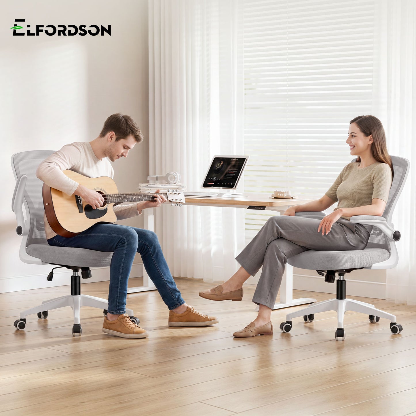 ELFORDSON Mesh Office Chair Executive Tilt Fabric Computer Work Grey and White
