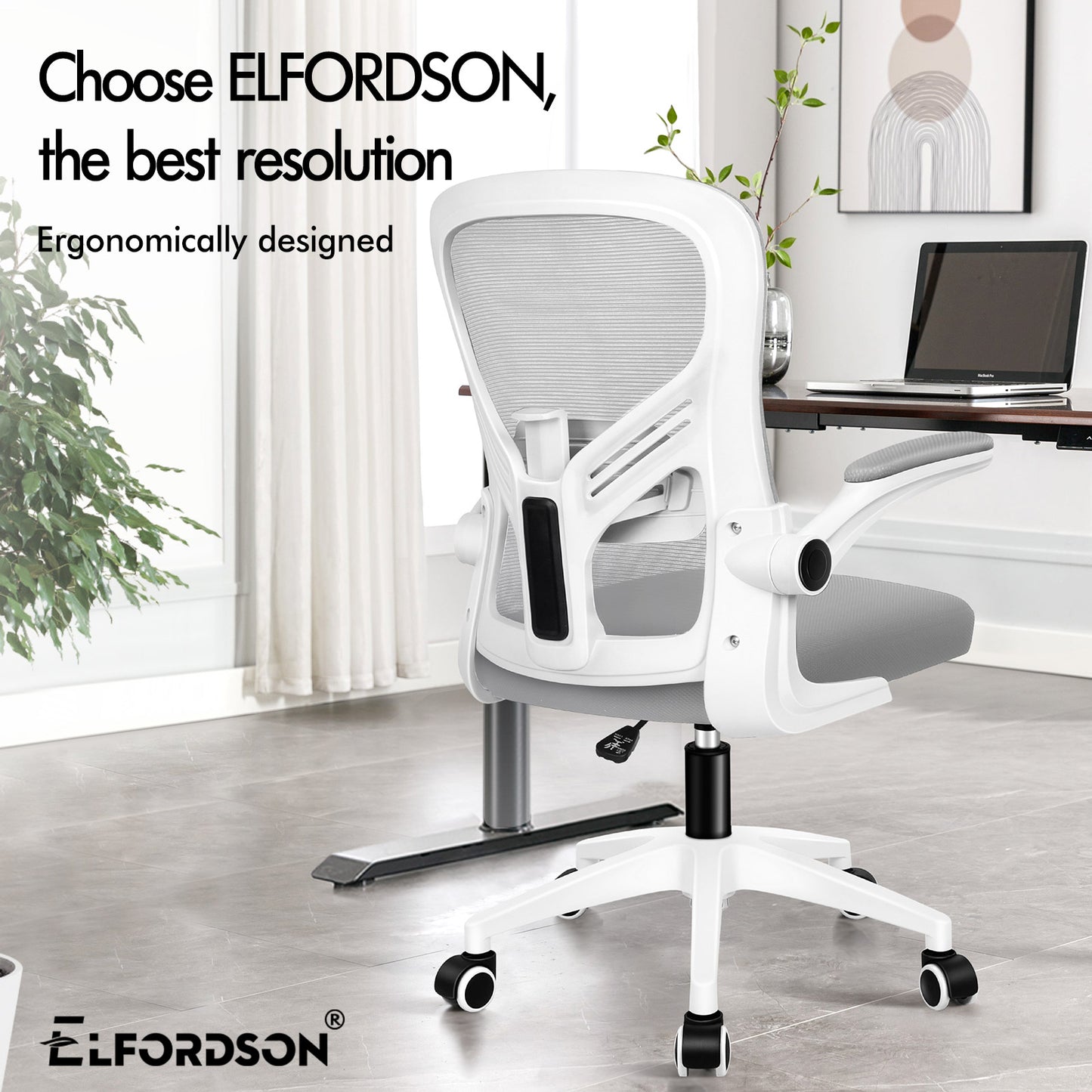 ELFORDSON Mesh Office Chair Executive Tilt Fabric Computer Work Grey and White