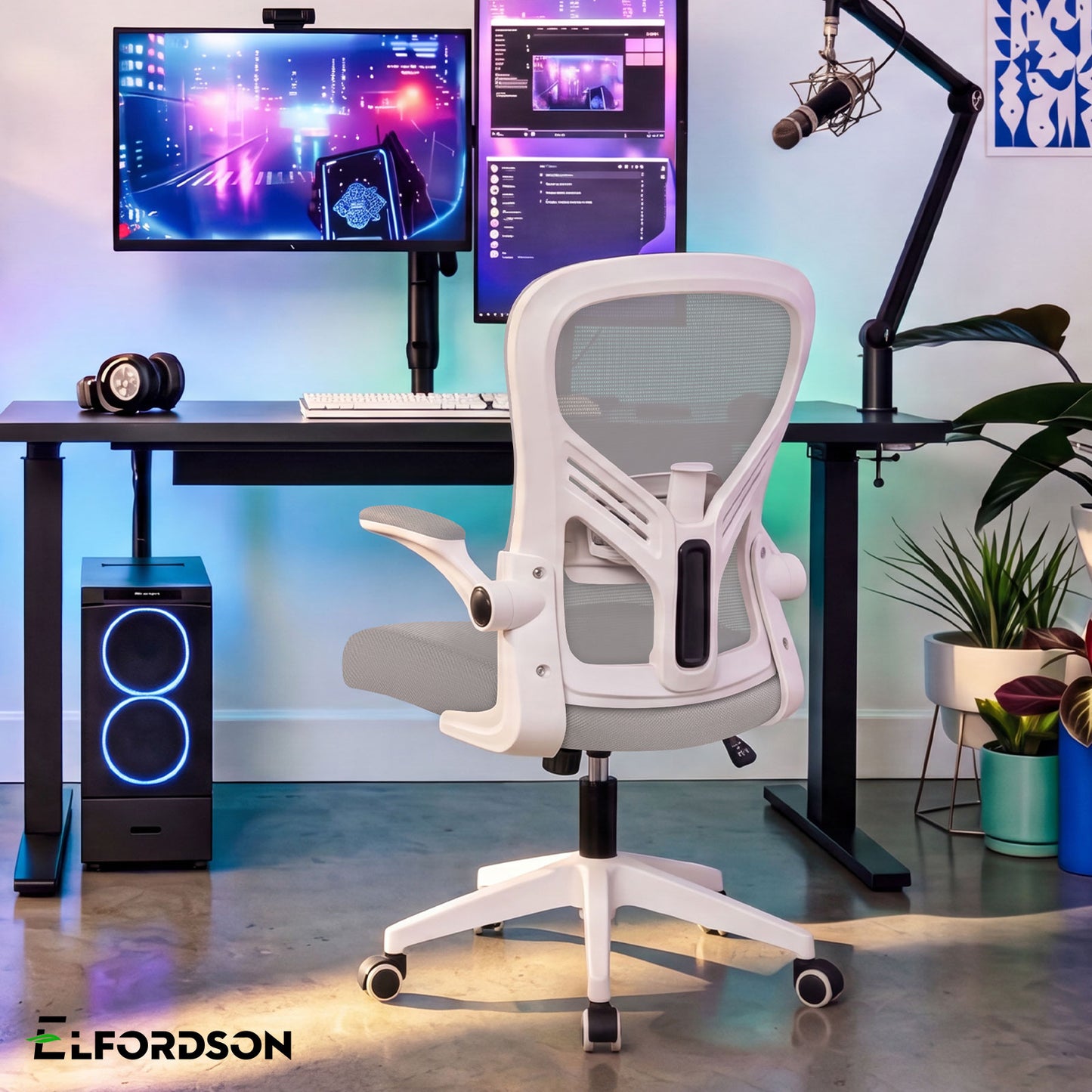 ELFORDSON Mesh Office Chair Executive Tilt Fabric Computer Work Grey and White