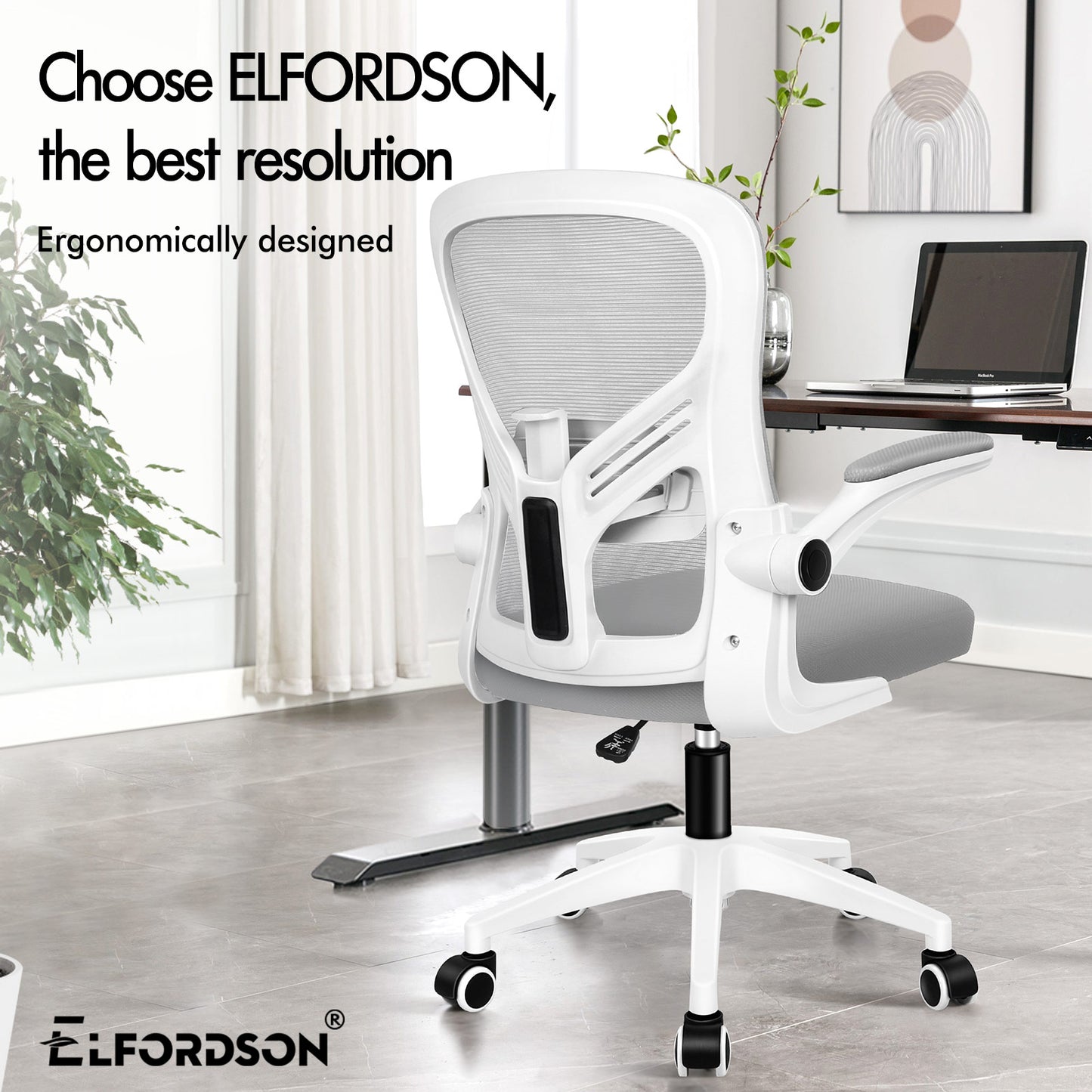 ELFORDSON Mesh Office Chair Executive Tilt Fabric Computer Work Grey and White