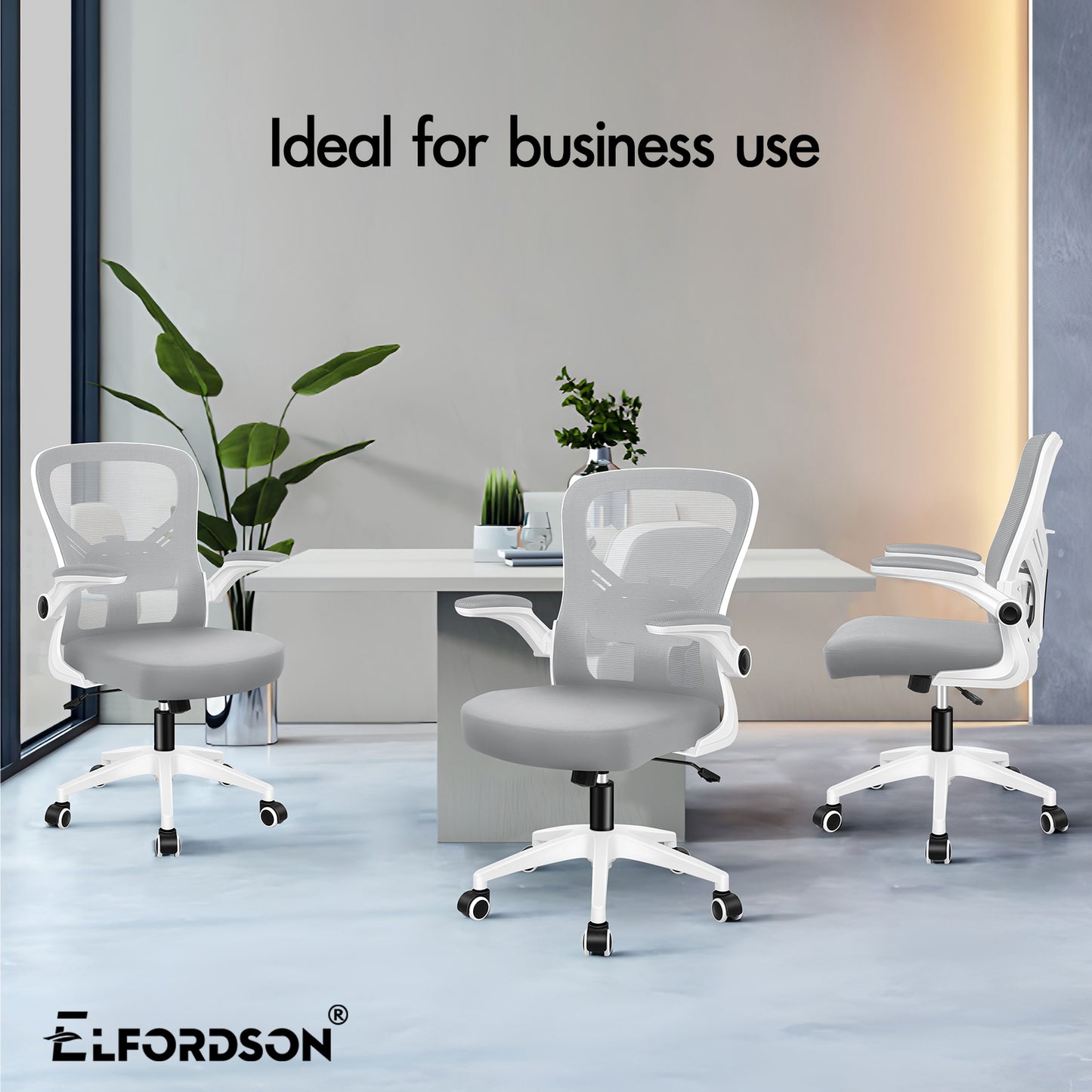 ELFORDSON Mesh Office Chair Executive Tilt Fabric Computer Work Grey and White
