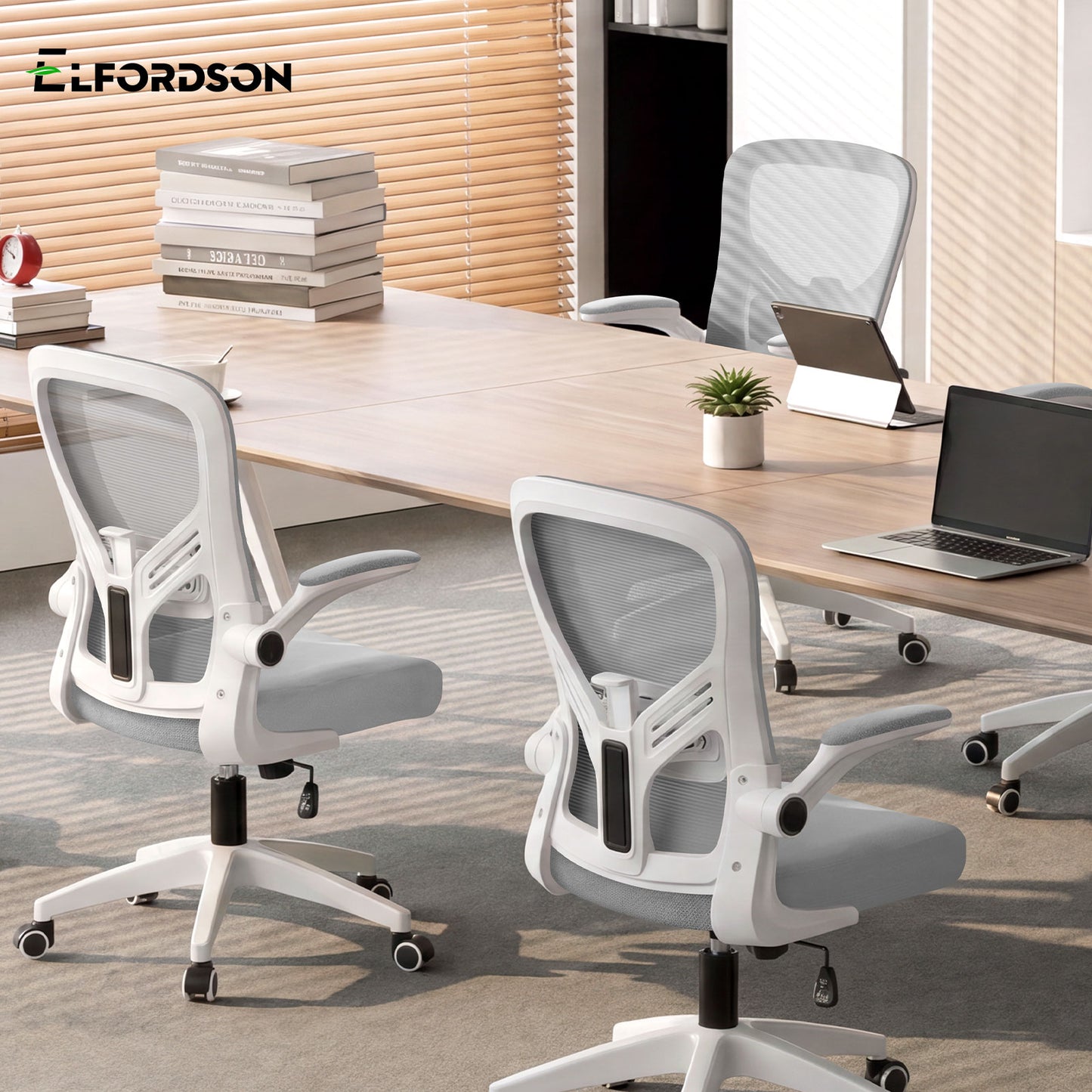 ELFORDSON Mesh Office Chair Executive Tilt Fabric Computer Work Grey and White