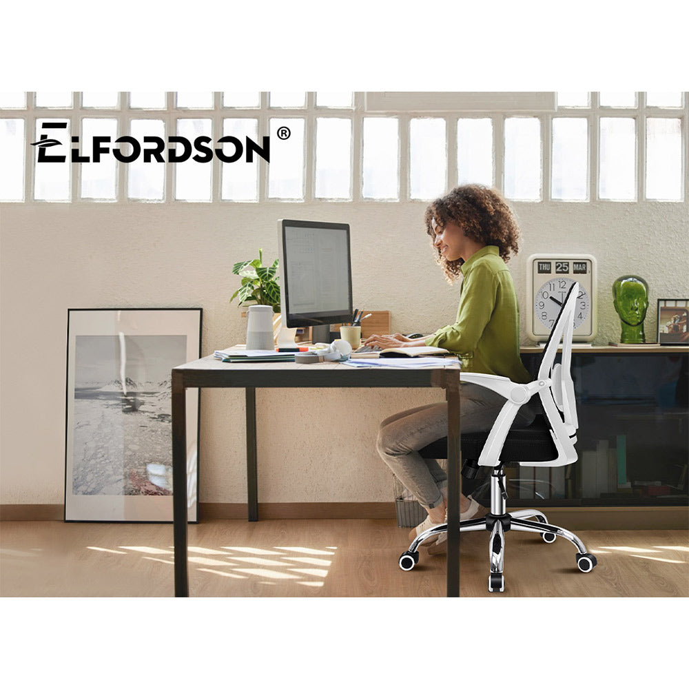 ELFORDSON Office Chair Executive Mesh Seat Tilt Computer Fabric White and Black