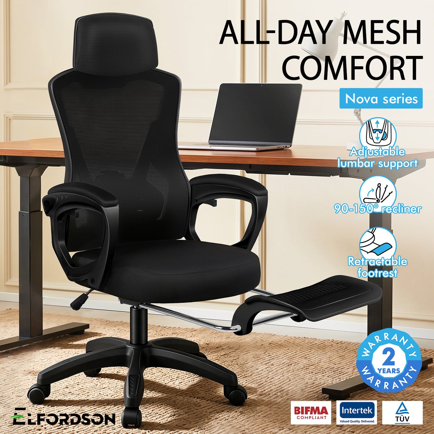 ELFORDSON Mesh Office Chair Racing Executive Fabric Seat Recliner All Black