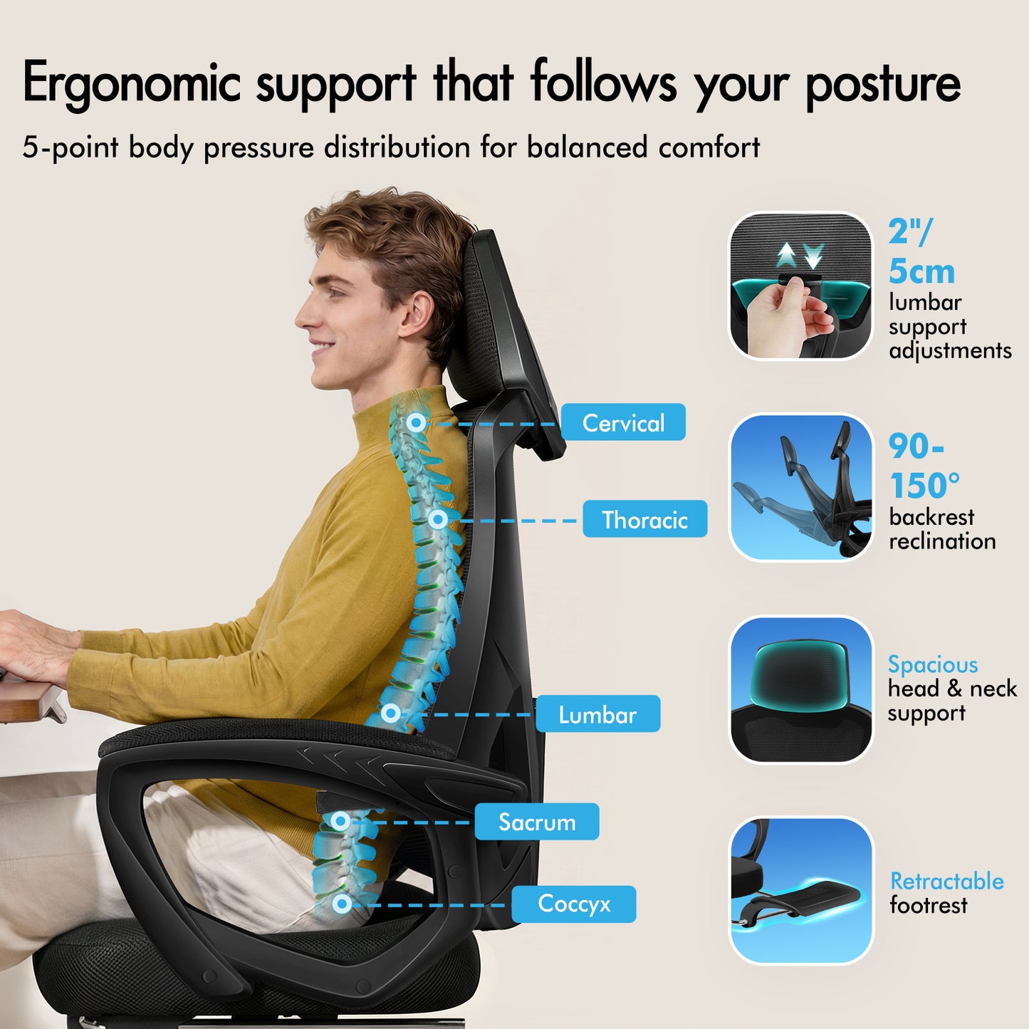ELFORDSON Mesh Office Chair Racing Executive Fabric Seat Recliner All Black