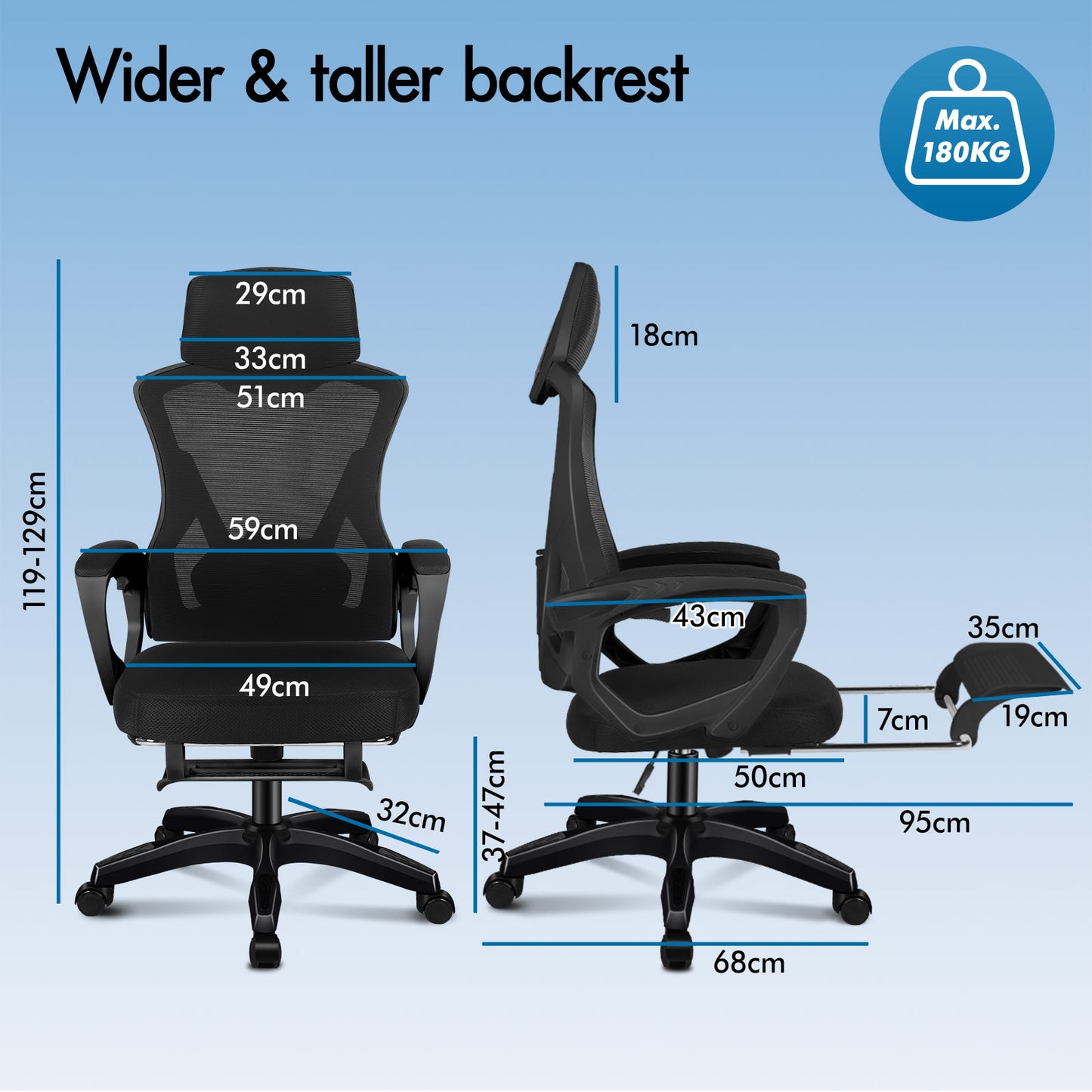 ELFORDSON Mesh Office Chair Racing Executive Fabric Seat Recliner All Black