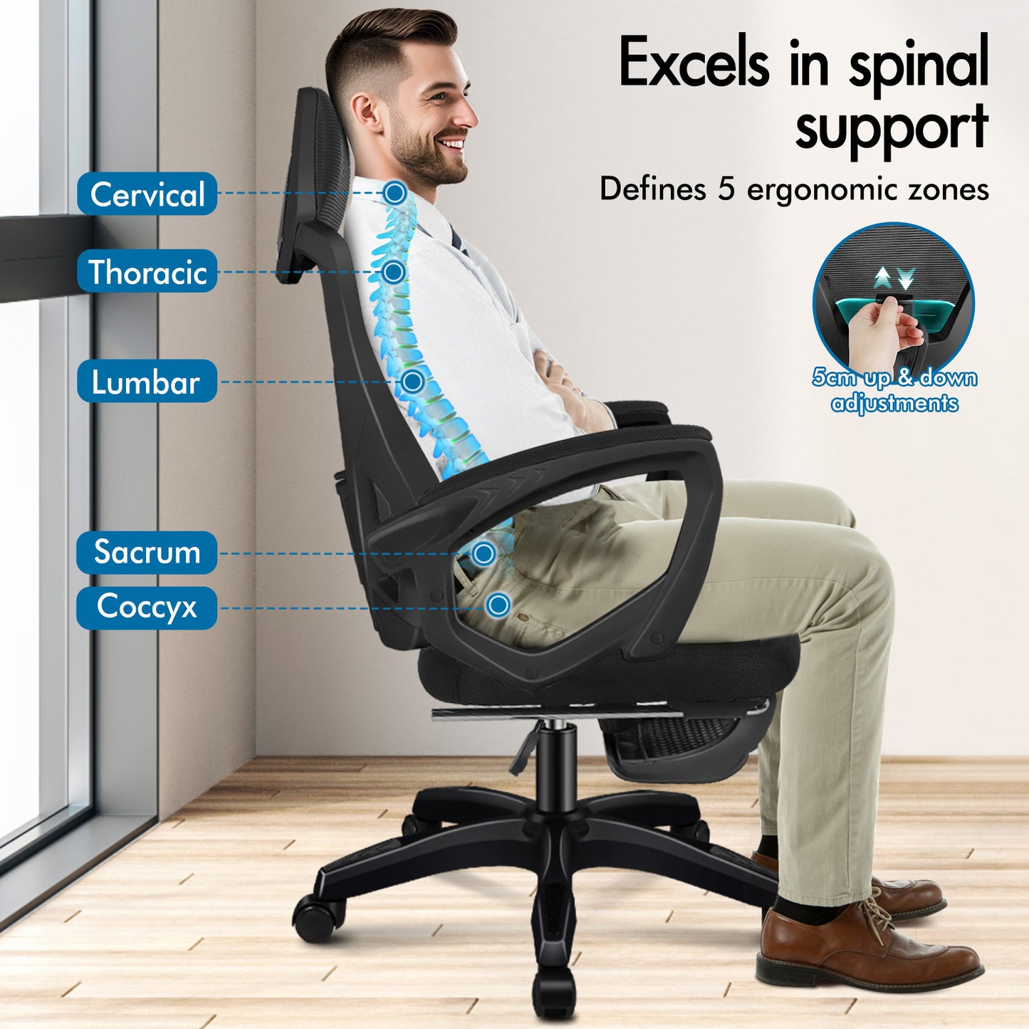 ELFORDSON Mesh Office Chair Racing Executive Fabric Seat Recliner All Black