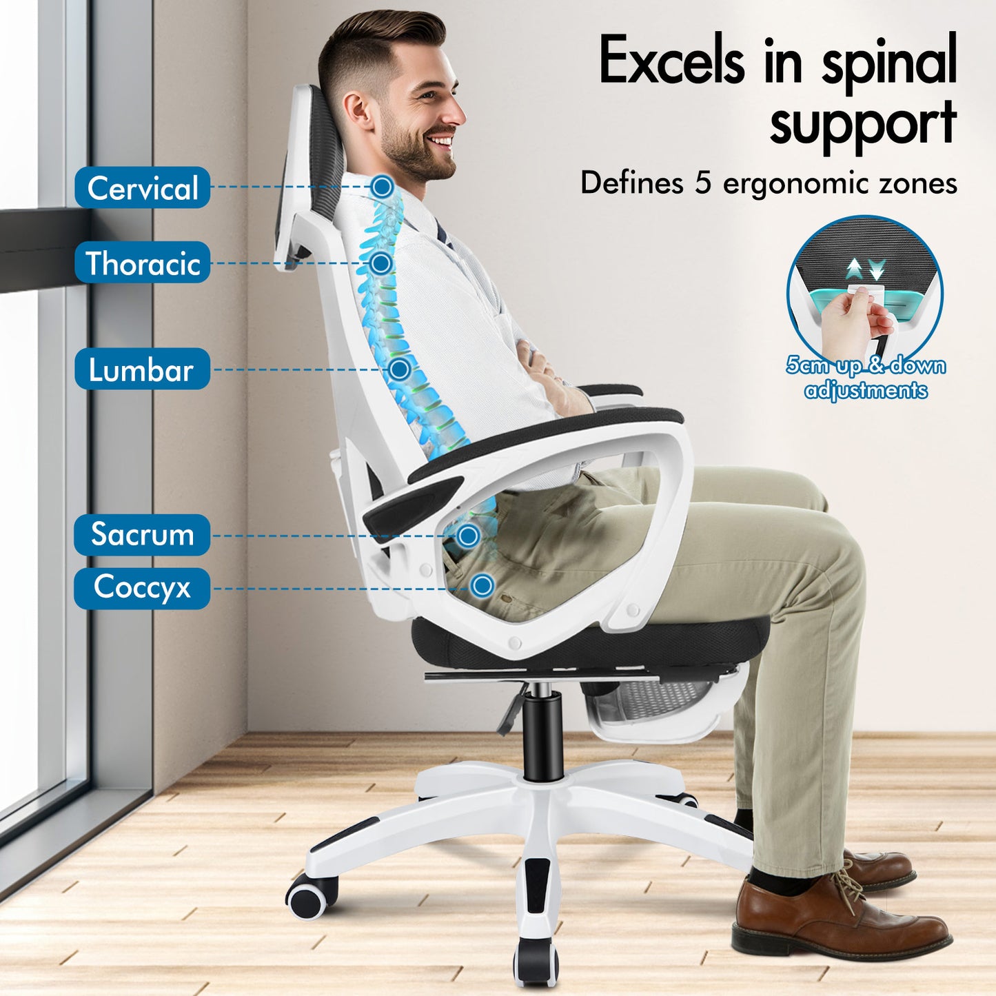 ELFORDSON Mesh Office Chair Racing Executive Fabric Seat Recliner White and Black