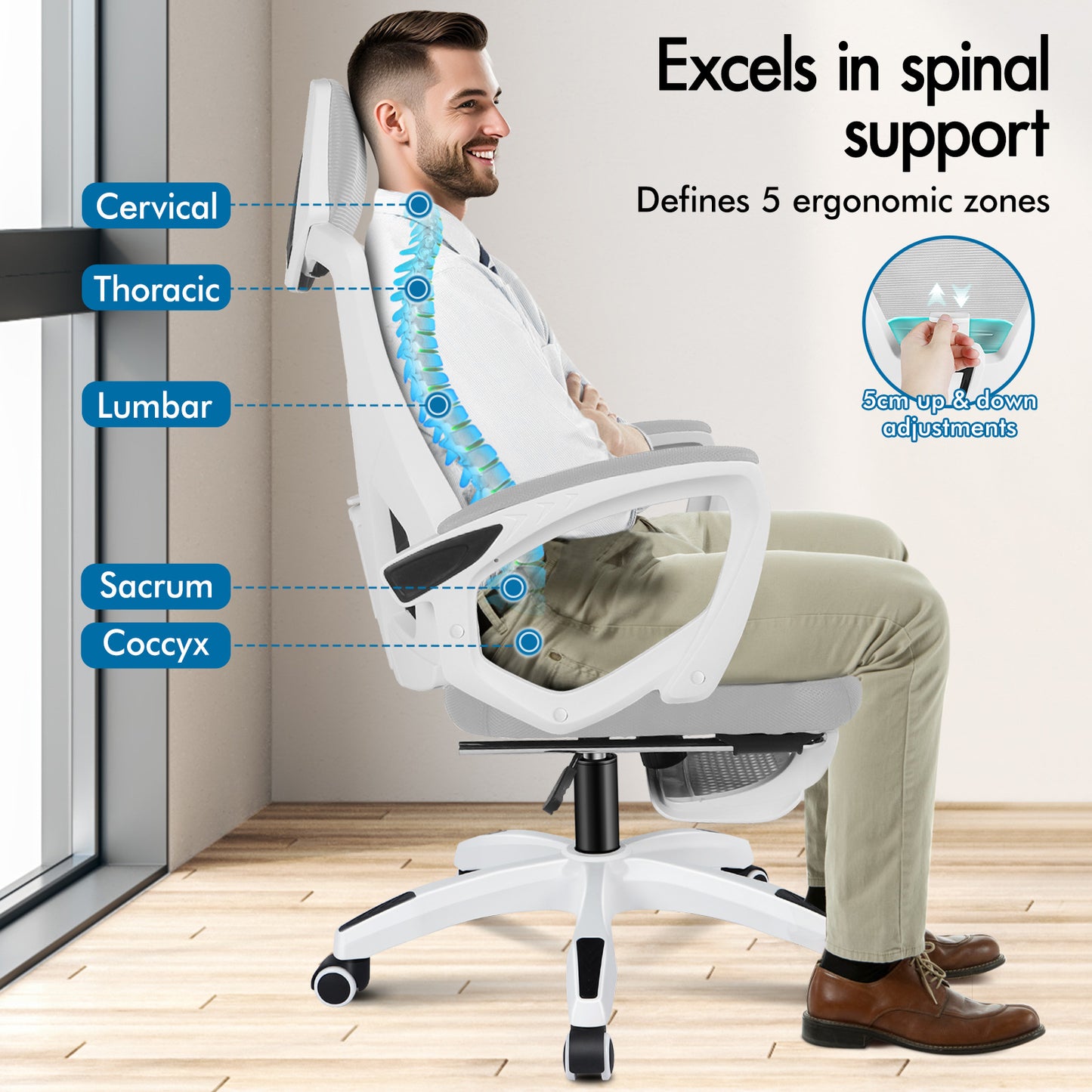 ELFORDSON Mesh Office Chair Racing Executive Fabric Seat Recliner Grey and White