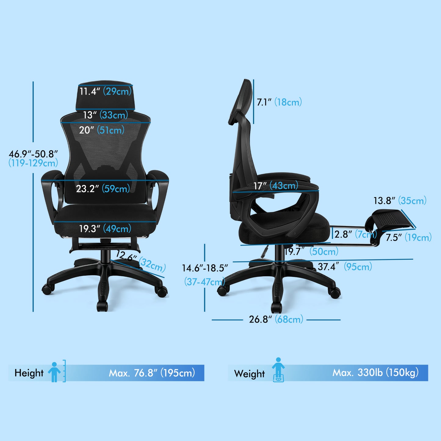 ELFORDSON Mesh Office Chair Racing Executive Fabric Seat Recliner All Black