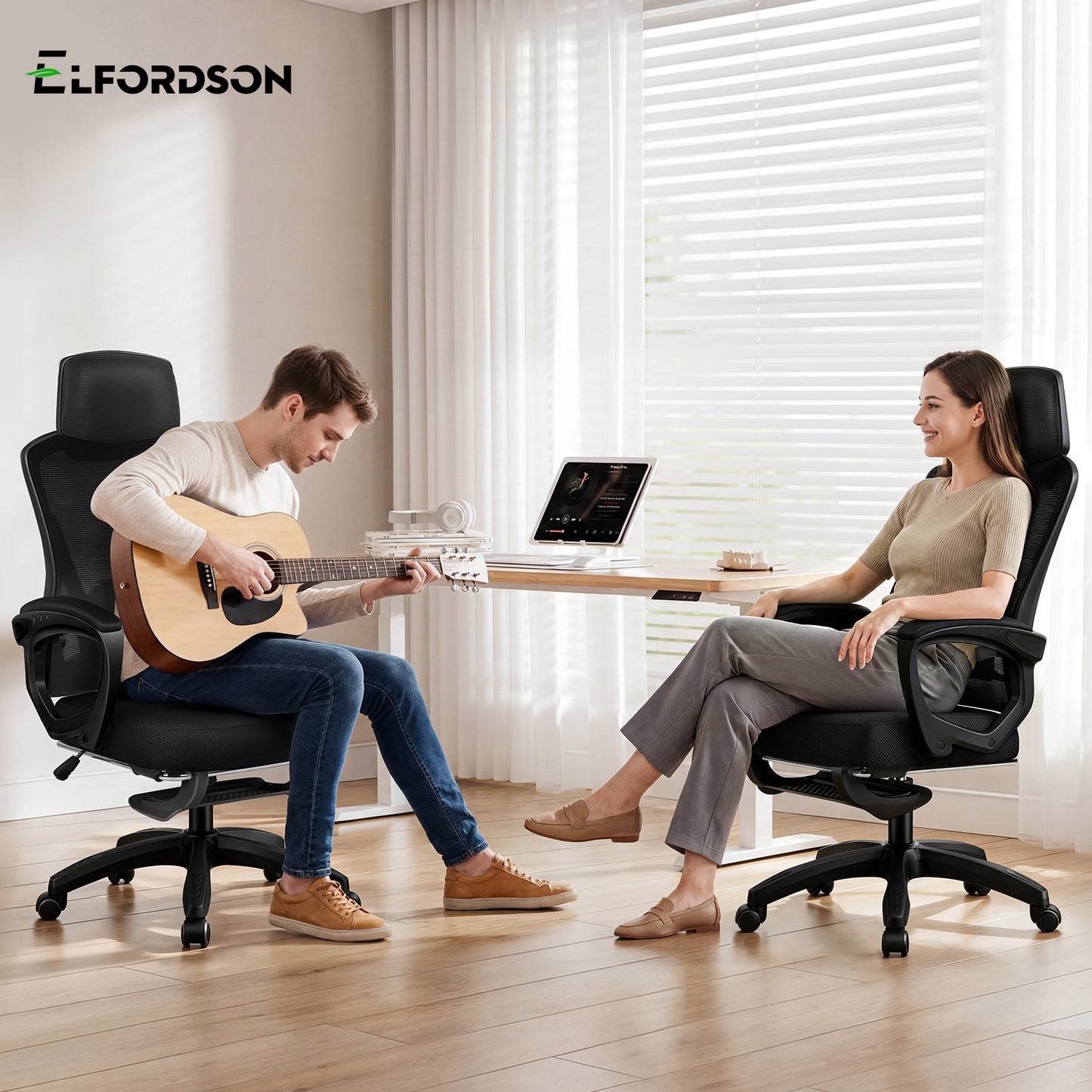 ELFORDSON Mesh Office Chair Racing Executive Fabric Seat Recliner All Black