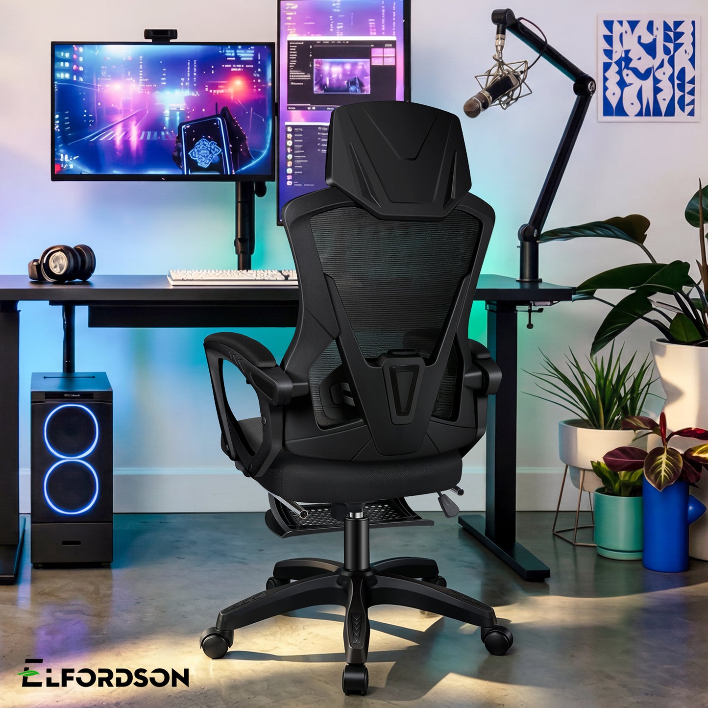 ELFORDSON Mesh Office Chair Racing Executive Fabric Seat Recliner All Black
