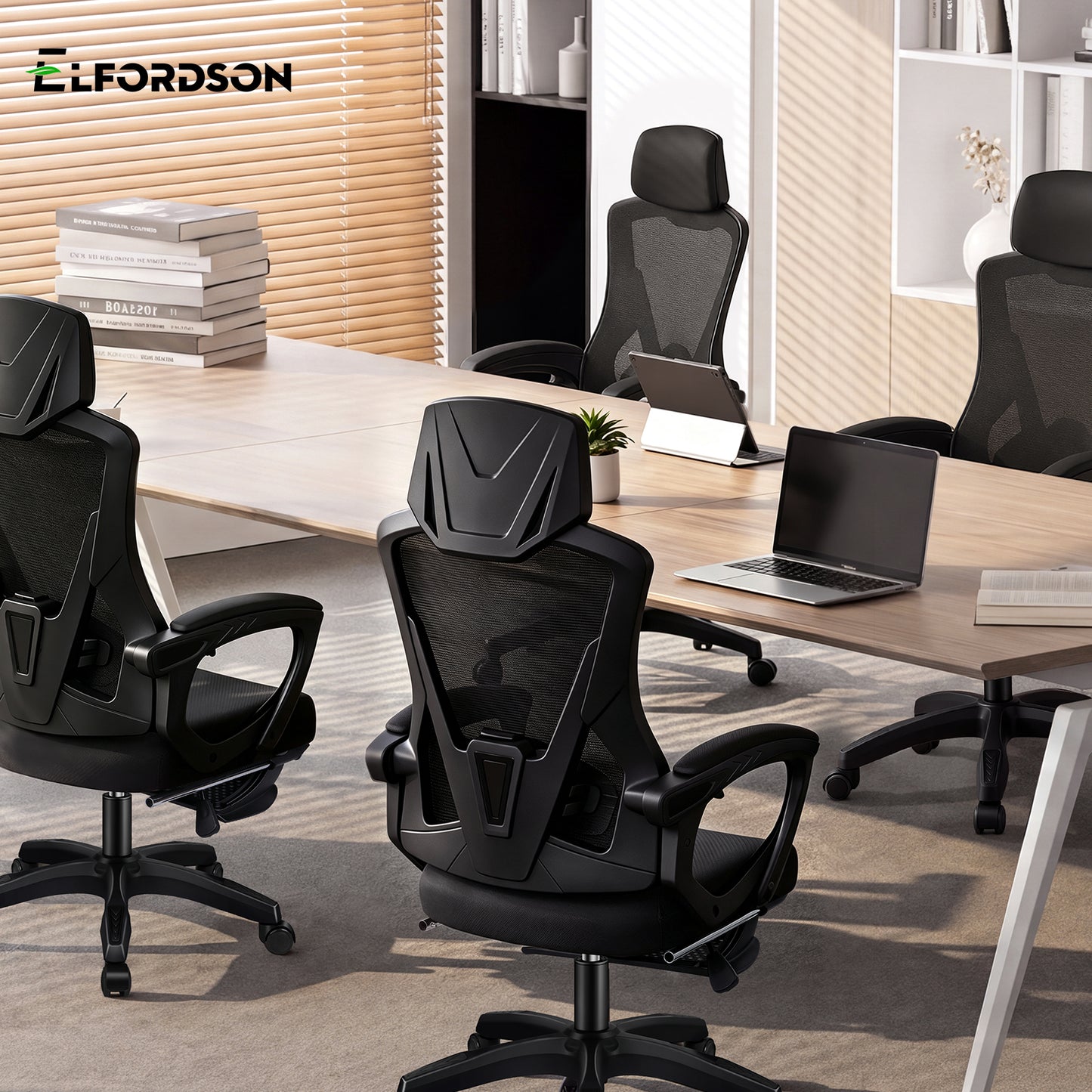 ELFORDSON Mesh Office Chair Racing Executive Fabric Seat Recliner All Black