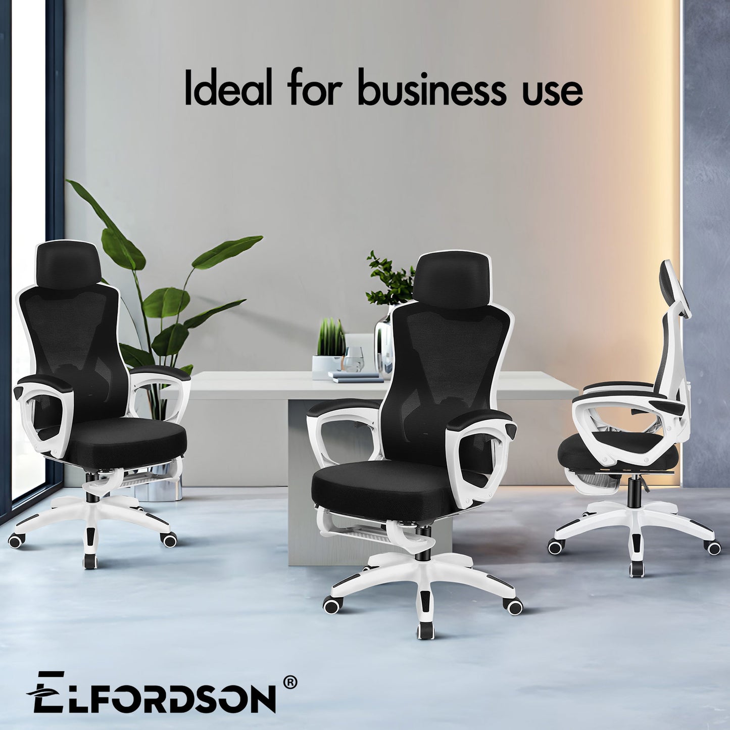 ELFORDSON Mesh Office Chair Racing Executive Fabric Seat Recliner White and Black