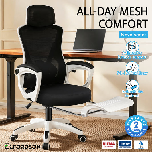 ELFORDSON Mesh Office Chair Racing Executive Fabric Seat Recliner White and Black
