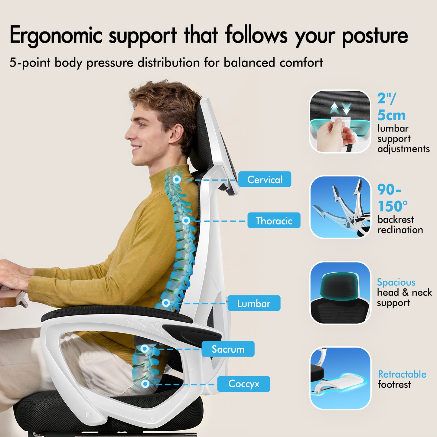 ELFORDSON Mesh Office Chair Racing Executive Fabric Seat Recliner White and Black